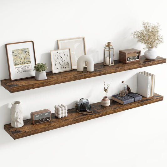 72 Inch Floating Shelves for Wall, 8 Inch Deep Floating Shelf for Storage & Display, Wall Mounted Shelf with Invisible Brackets for Living Room, Kitchen, Bathroom, Home Decor, Set of 2, Rustic Brown