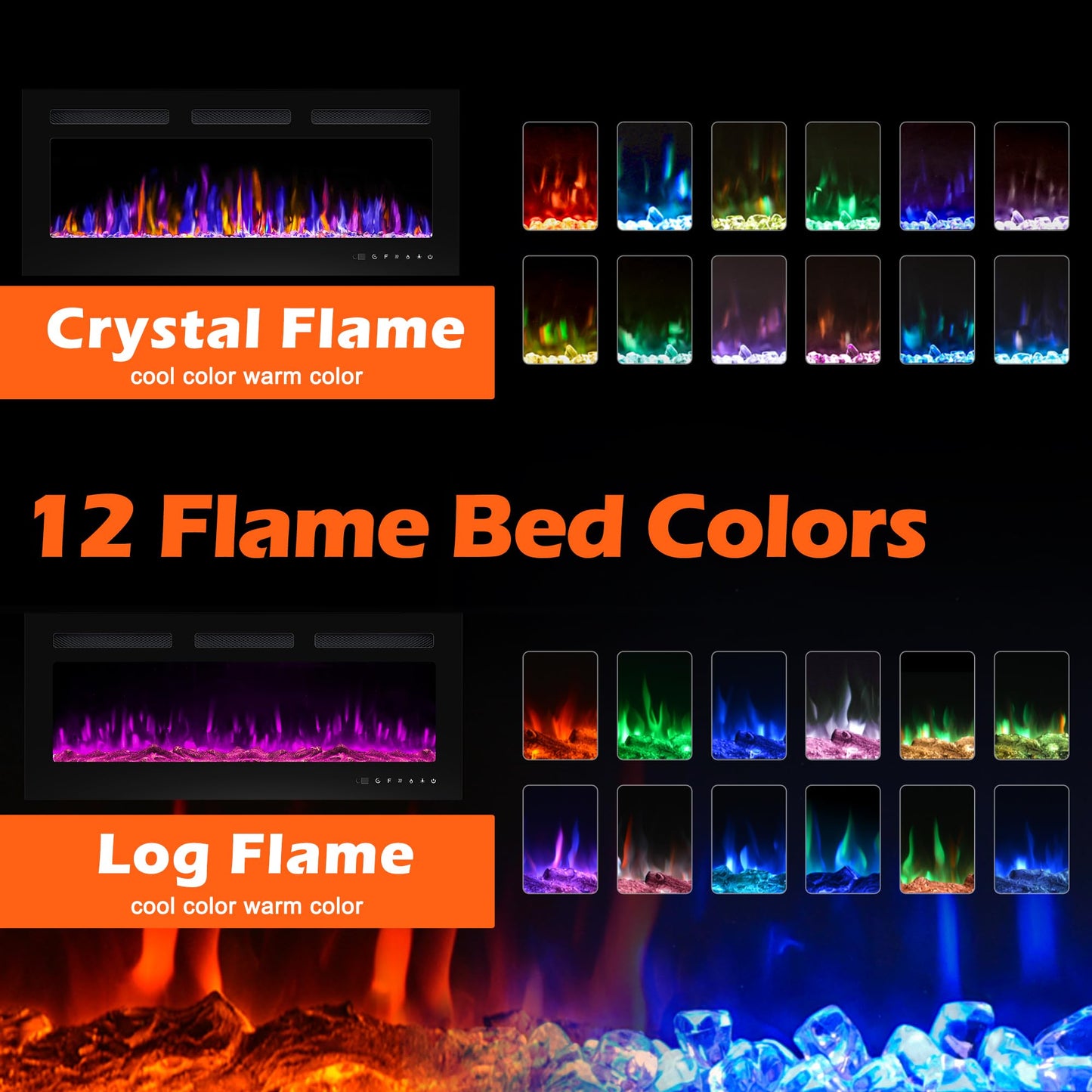 BETELNUT 40" Electric Fireplace Wall Mounted and Recessed with Remote Control, 750/1500W Ultra-Thin Wall Fireplace Heater W/Timer Adjustable Flame Color and Brightness, Log Set & Crystal Options