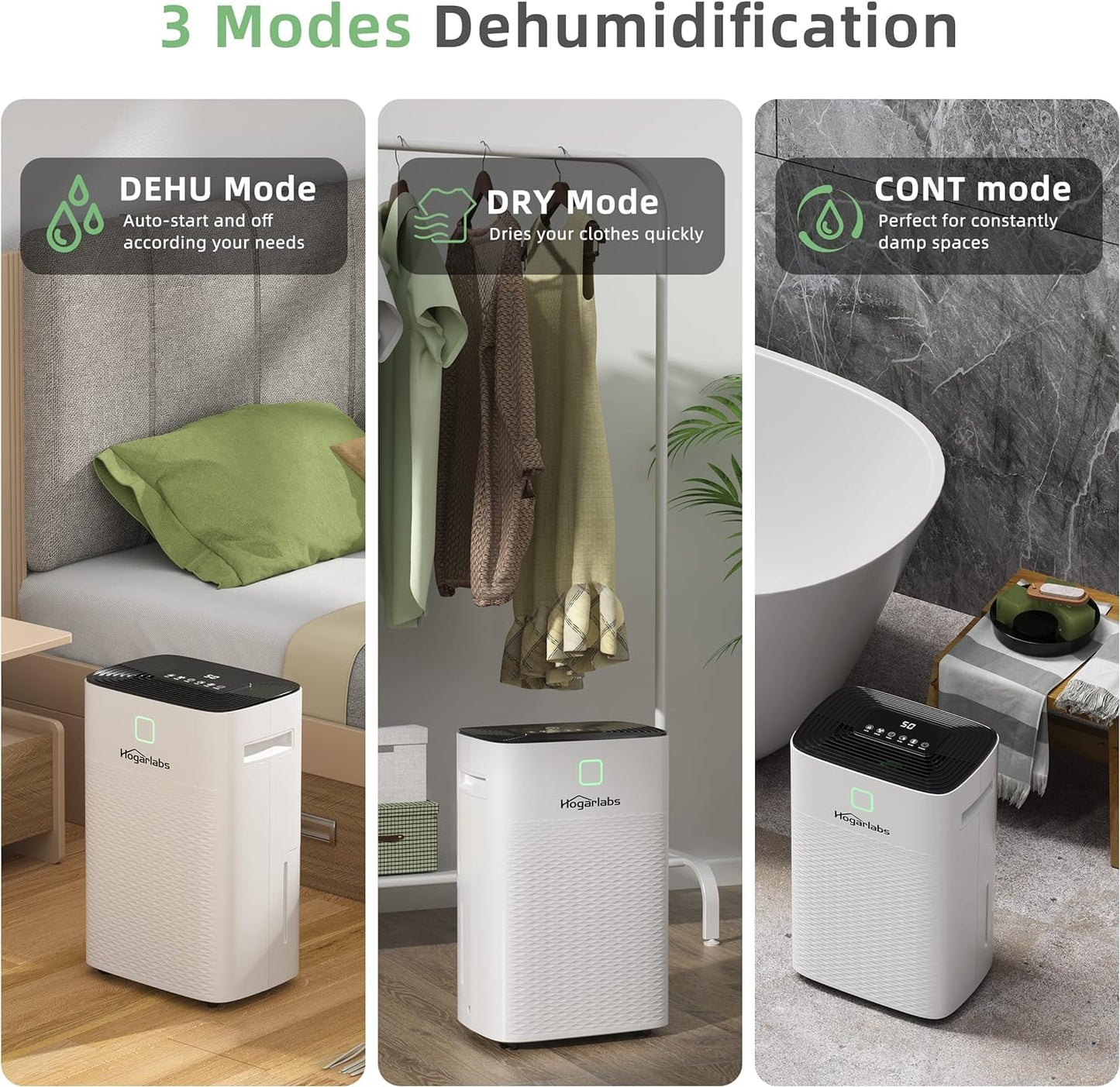 HOGARLABS 50 Pint Smart Dehumidifiers for Home and Basements, with 3 Working Modes, Overflow Protection, and Auto Shut off Restart. Ultra Silent Dehumidifier with Drain Hose and Digital Control Panel.