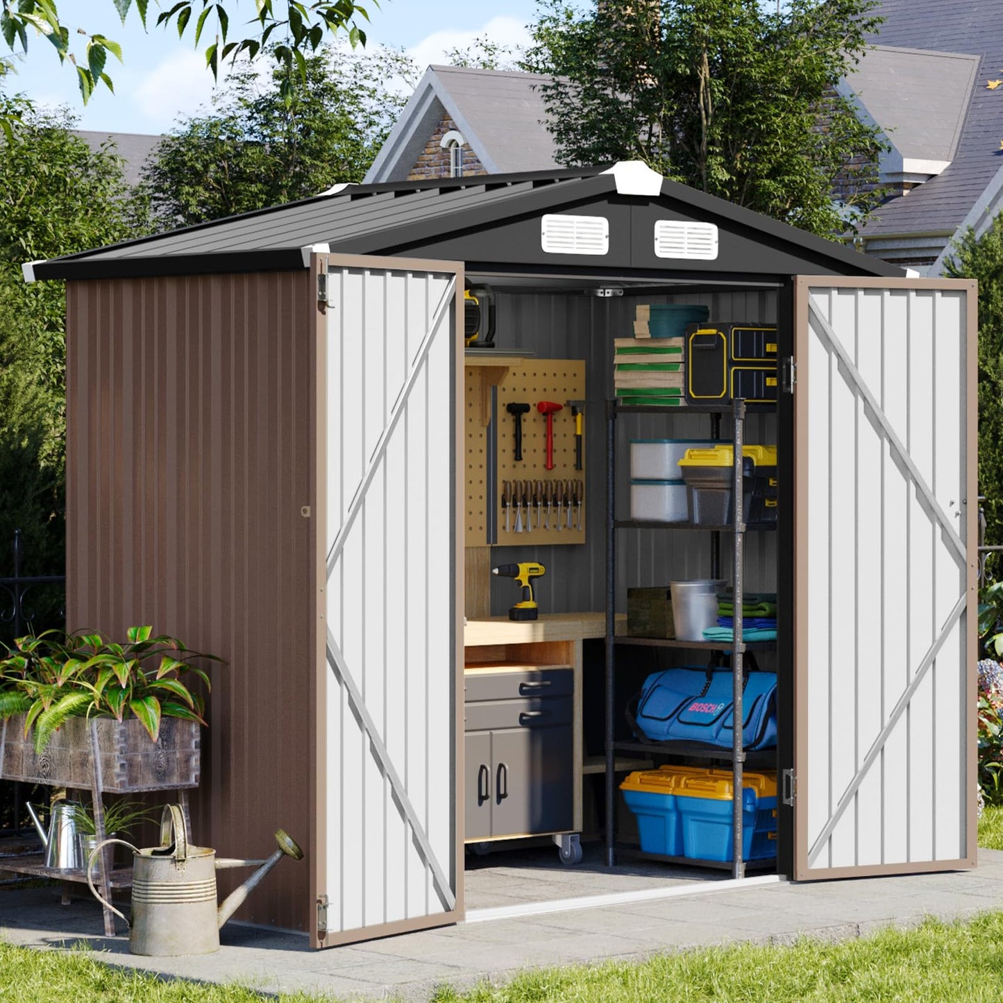 Aoxun 6x3.9 FT Metal Outdoor Steel Shed with Lockable Doors Tool Shed Bike Shed for Backyard, Patio, Poolside (Brown)