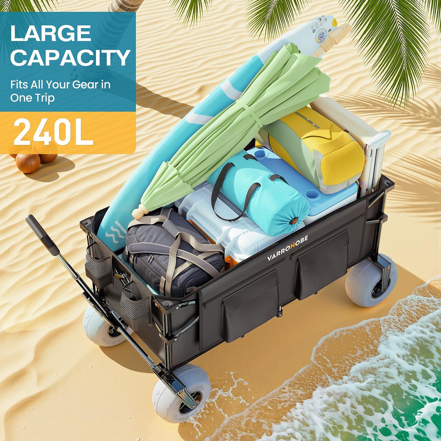 VARRONOBE Beach Wagon with Big Balloon Wheels for Sand, 240L Collapsible Wagon, 9x4 Wide Wheels, 450lbs Heavy Duty Beach Cart with Side Covers & Zipper Pockets, 600D Oxford Fabric, Black
