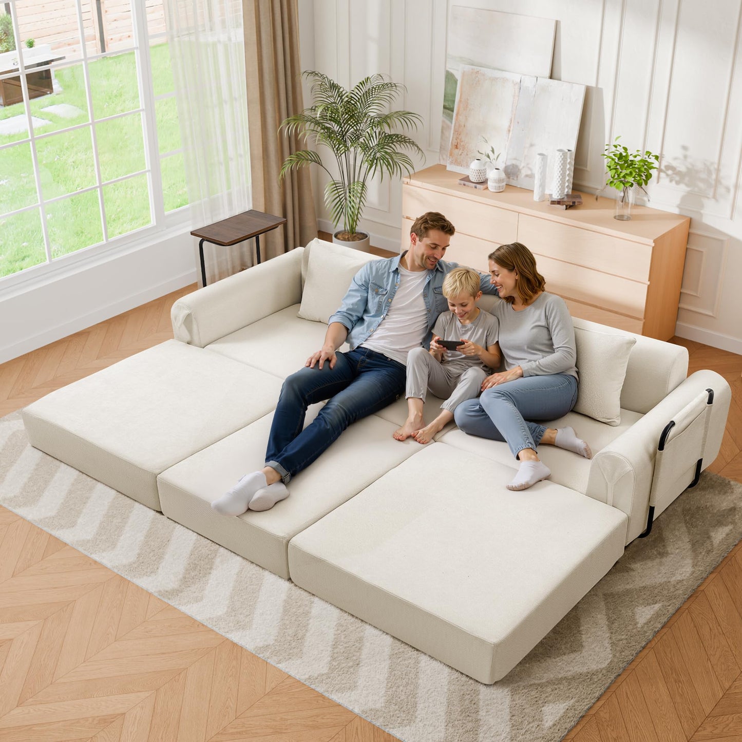 Topcomfy 99.2" Modular Sectional Sofa Bed, Convertible Futon Sleeper Couch with Movable Side Table, Tool-Free Assembly Floor Sofa with Metal Support Frame, Chenille Deep Seat for Living Room Beige
