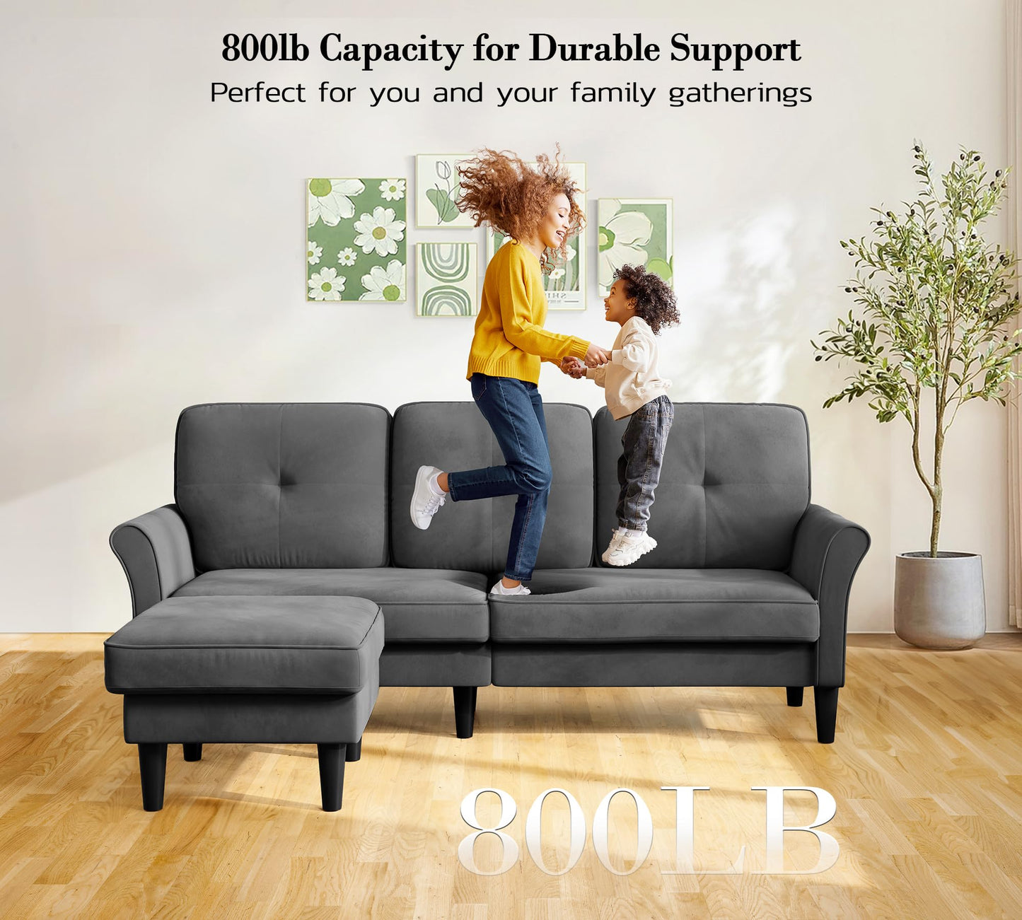 Kidirect Small Sectional Couch, 83" L Shaped Couch, Comfy Velvet Couches for Living Room, Tool-Free Setup Modular Sectional Sofa, 850lbs Load Sofas for Living Room with 1 Movable Ottoman, Grey Couch