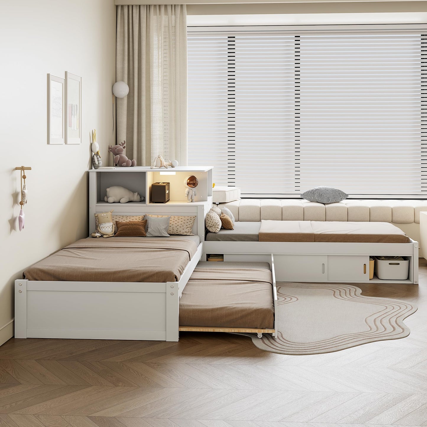 Merax Twin Size Platform Bed with Trundle and Storage Cabinets, L Shaped Corner Bed with Desk and Light, Wood Slats Support, 3 Beds in One Design, No Box Spring Needed