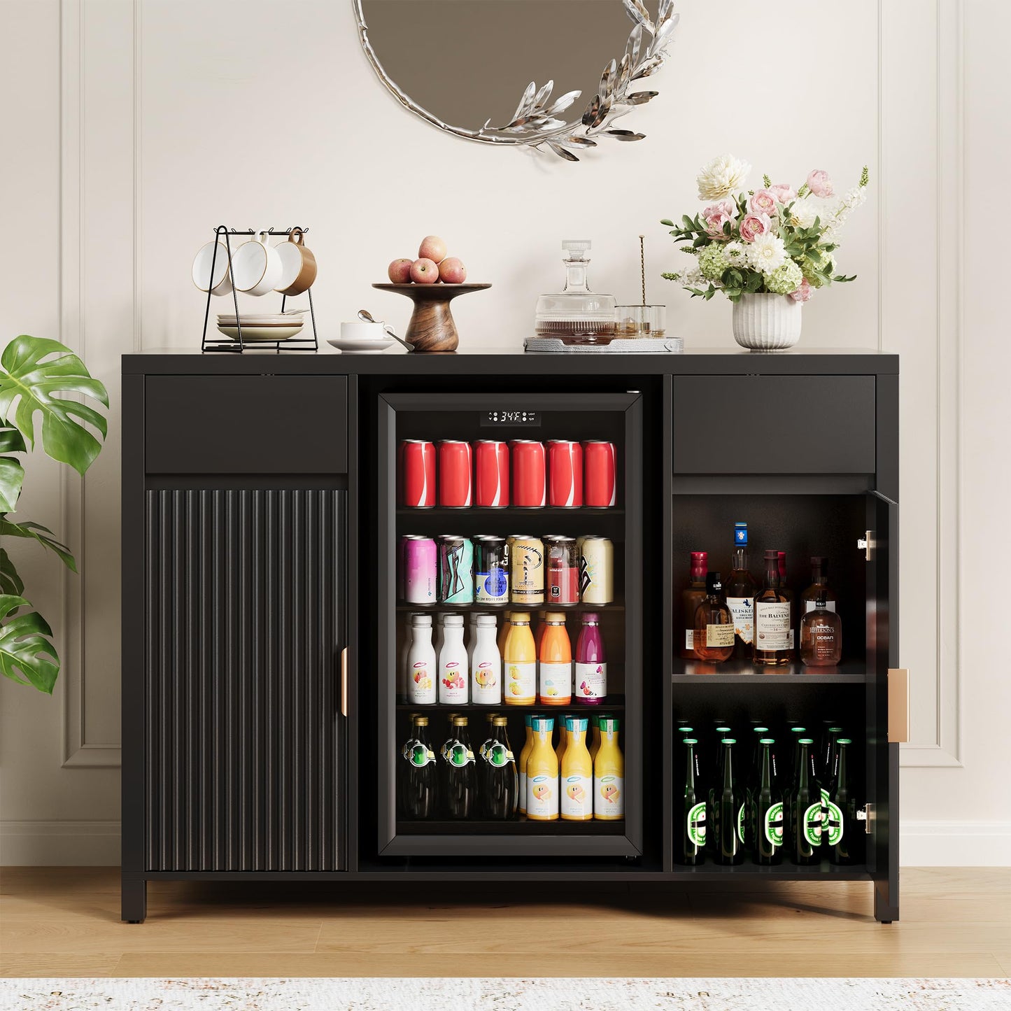 Garvee 53" Coffee Bar Cabinet with Fridge Space & Charging Station, Mini Fridge Cabinet with Wine Rack, Large Buffet Sideboard Table, Fluted Liquor Cabinet for Living Room, Dining Room, Kitchen, Black
