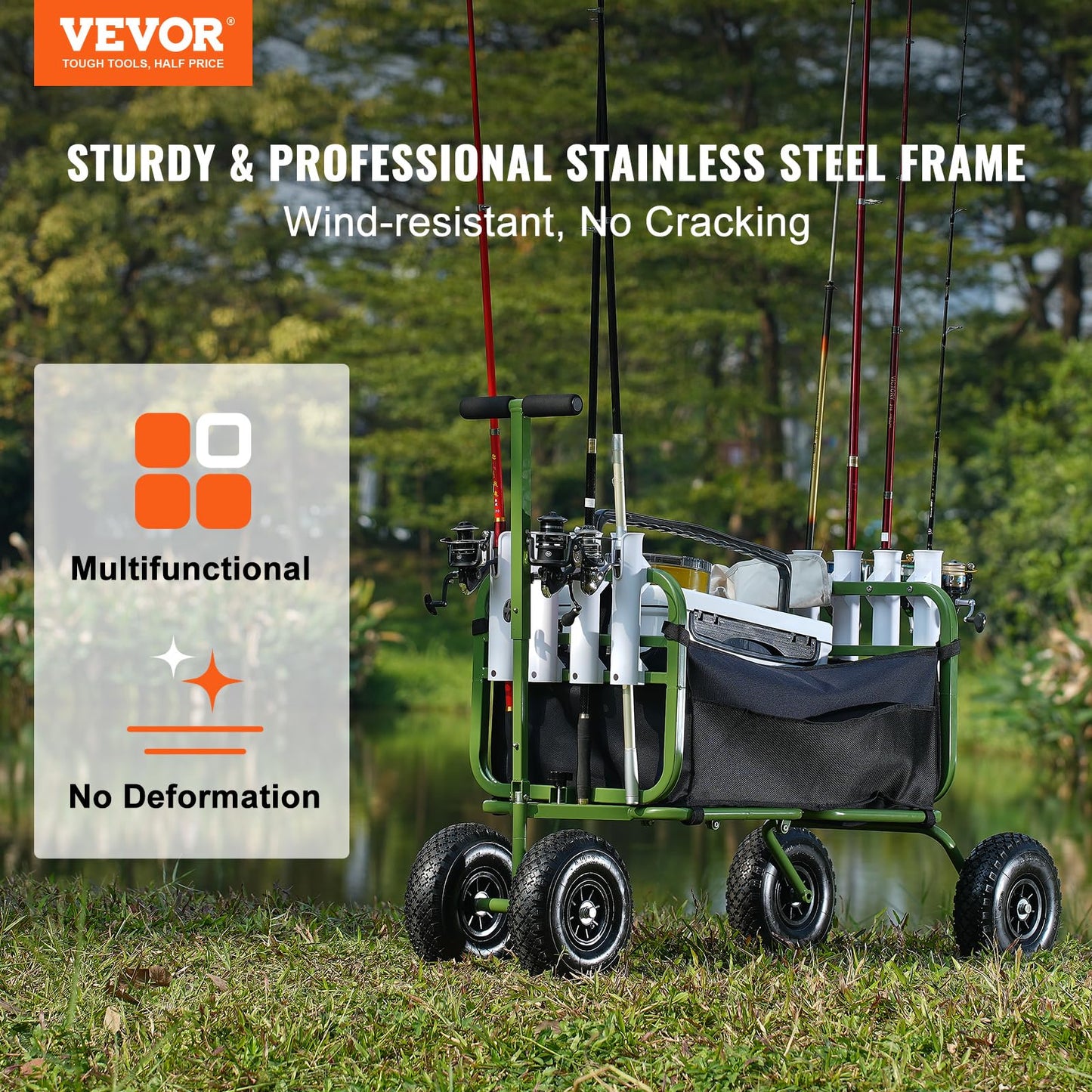 VEVOR Fishing Cart, 300 lbs Load Capacity, Foldable Fish and Marine Cart with Four 11" Big Wheels Rubber Balloon Tires, Heavy-Duty Steel Pier Wagon Trolley with 8 Rod Holders for Picnic