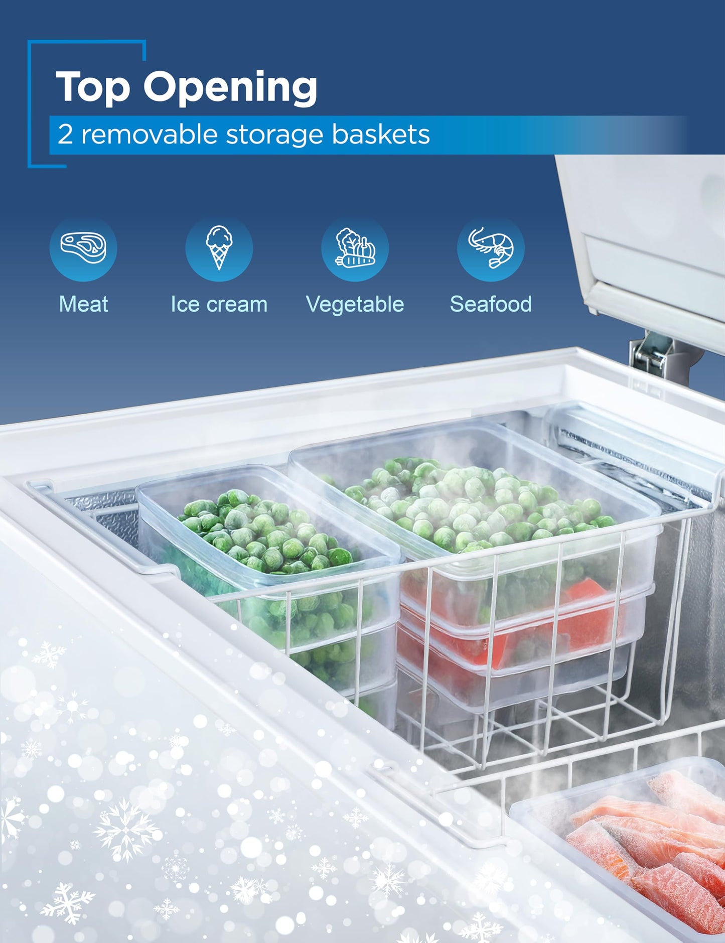 BLACK+DECKER 13 Cu. Ft. Chest Freezer, Deep Freezer with Top Opening, Freezer Chest with Removable Storage Basket, Mechanical Temperature Control, Manual Defrost, R600a Refrigerant,BCF1300E,White