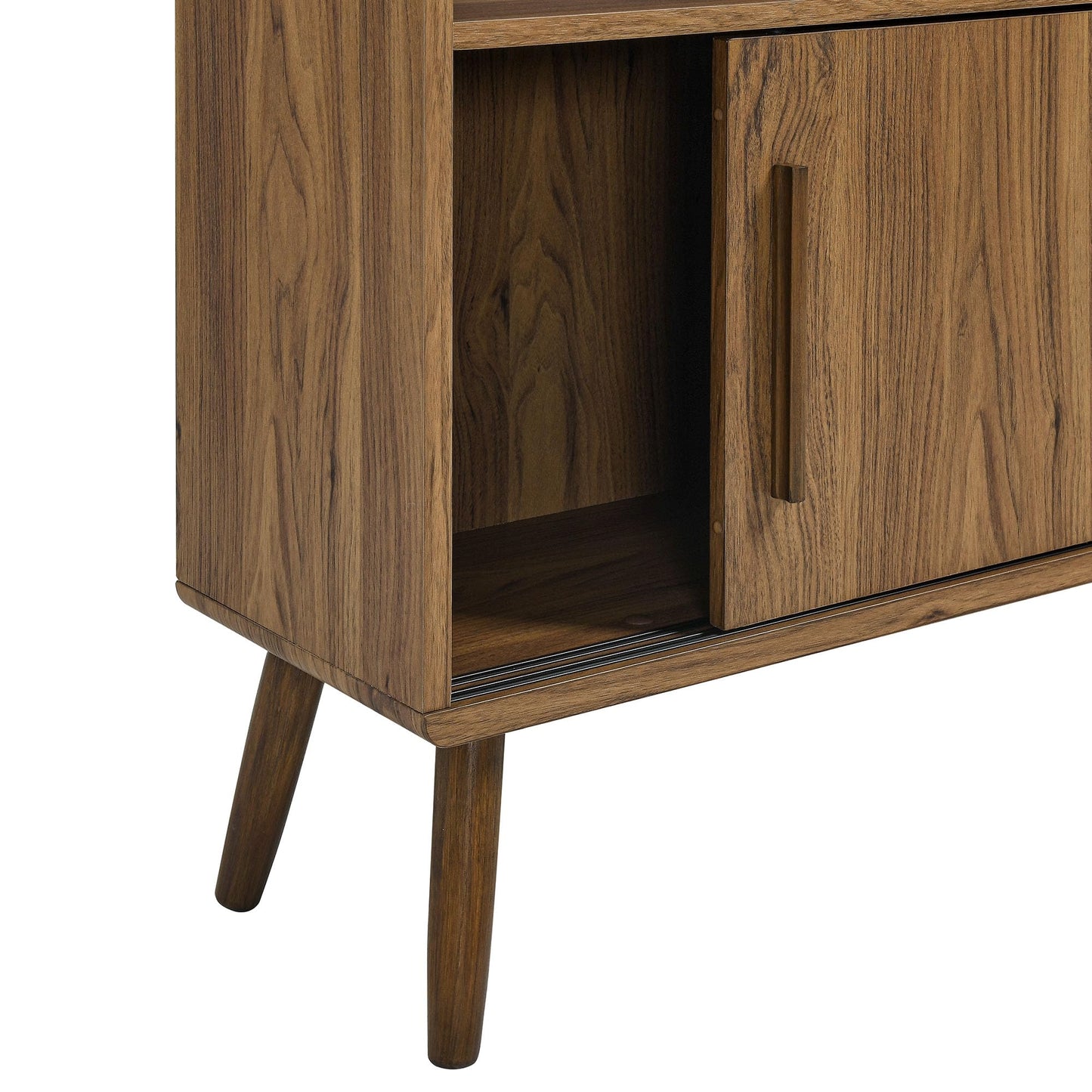 Modway Transmit 14 Shelf Bookcase with Sliding Doors in Walnut - 59 Inch Wood Mid-Century Modern Bookshelf - 4 Tier Wide Open Display Storage Cabinet for Living Room, Office, Hallway
