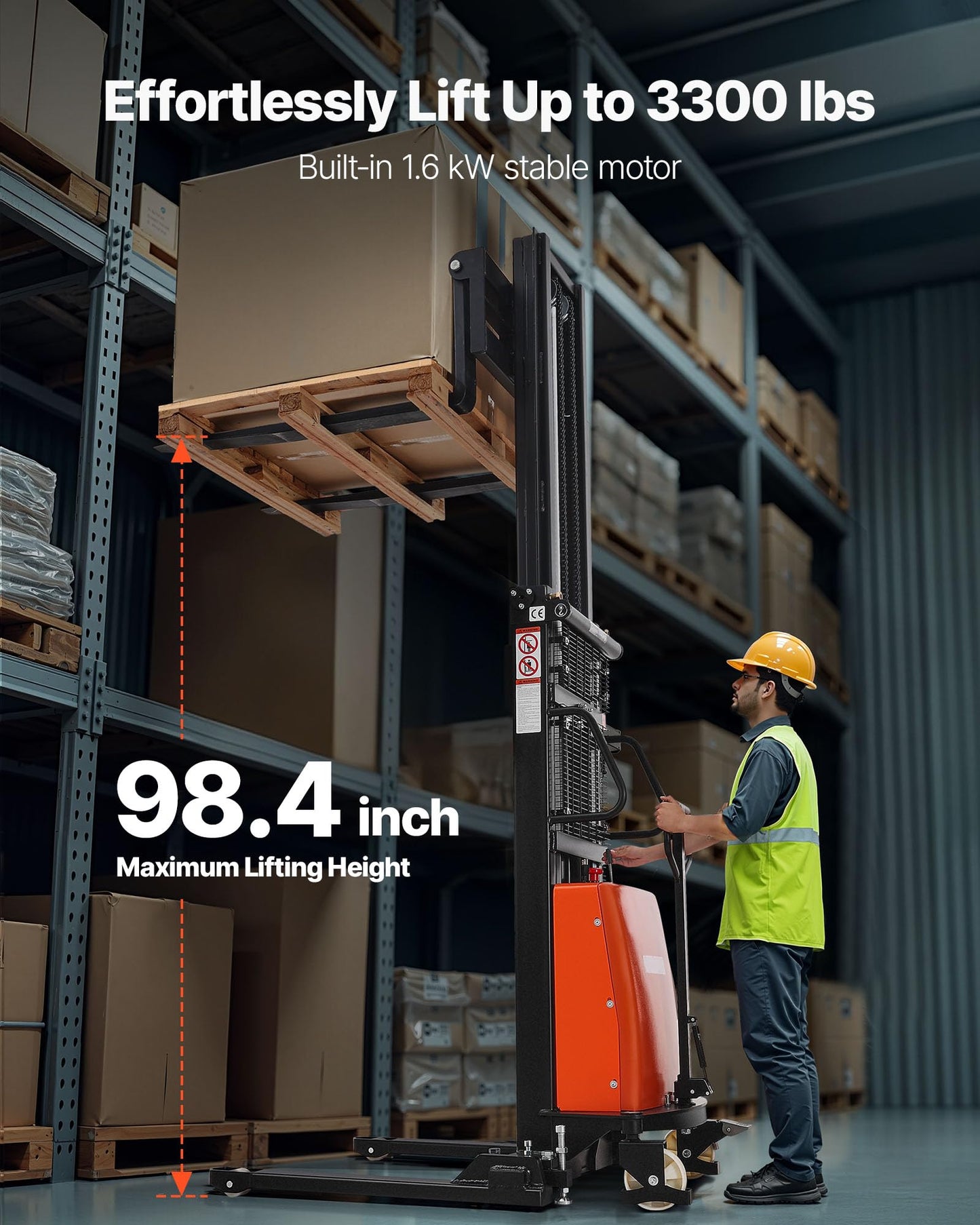VEVOR Semi Electric Pallet Stacker, 3300 lbs Capacity, 98.42'' Lifting Height, Pallet Lift Stacker Forklift with Straddle Legs & Forks, 8.66-31.1 Inches Adjustable Fork Width, Orange & Black