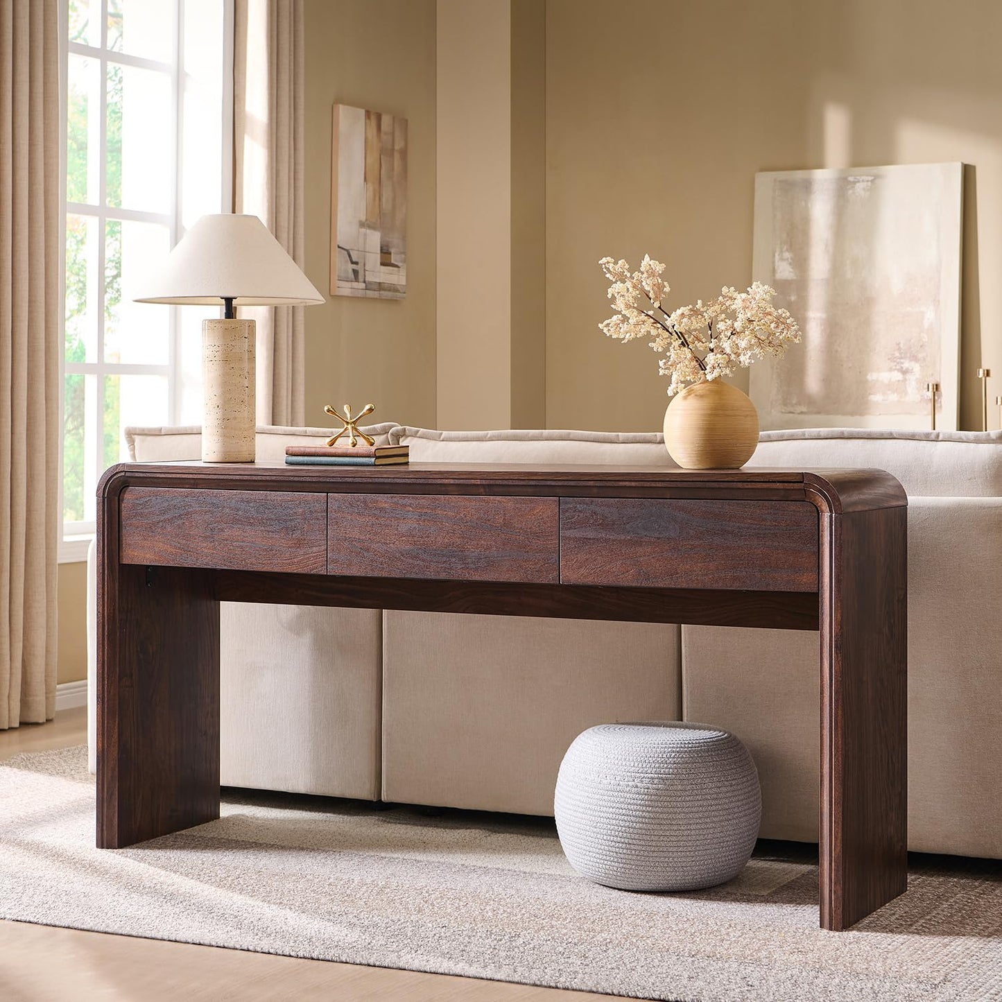 Aitjunz 63'' Console Table with 3 Drawers, Modern Entryway Table with Curved Profile Design, Narrow Long Wood Sofa Table Behind Couch Table for Living Room, Hallway, Foyer, Brown