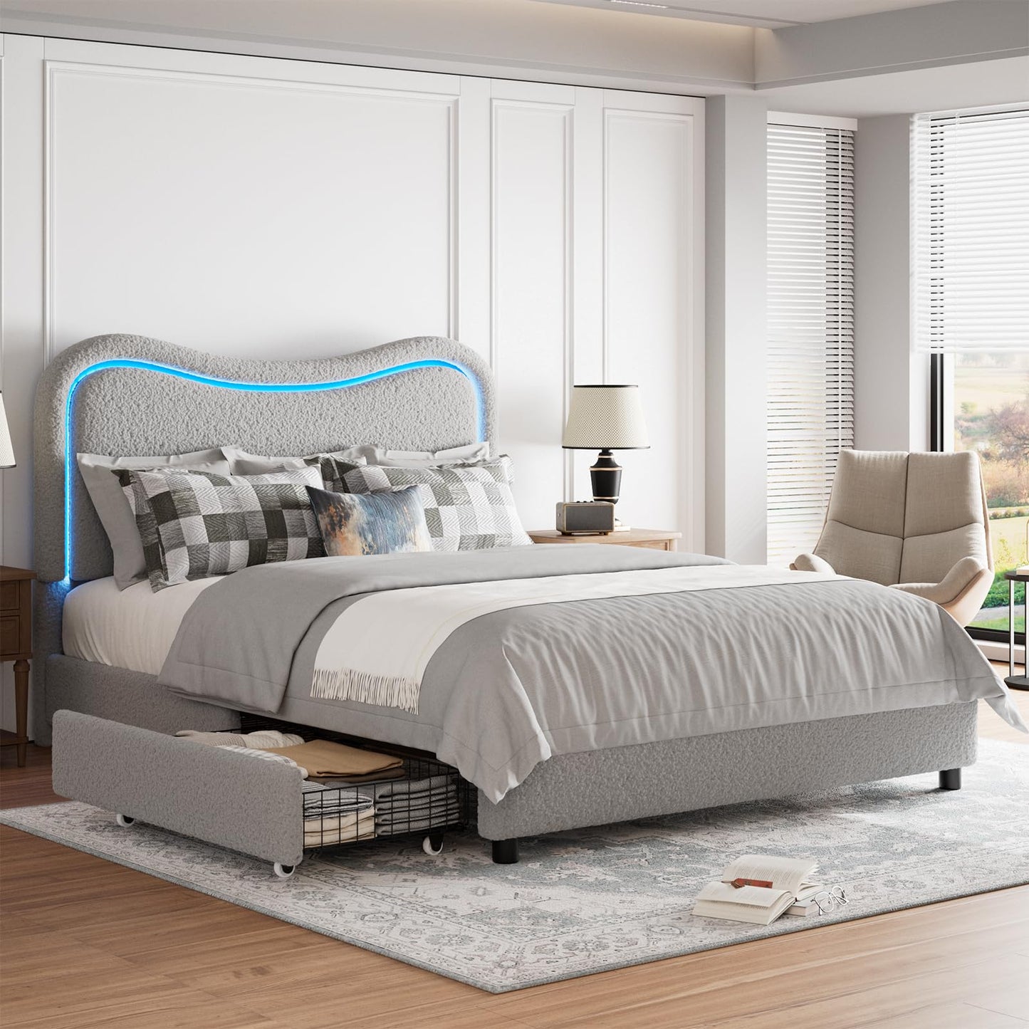 Garvee Boucle Queen Bed Frame with 2 Storage Drawers, Upholstered Platform Bed with LED Headboard, Solid Wood Slats Support, No Box Spring Needed for Kids, Teens, Grey