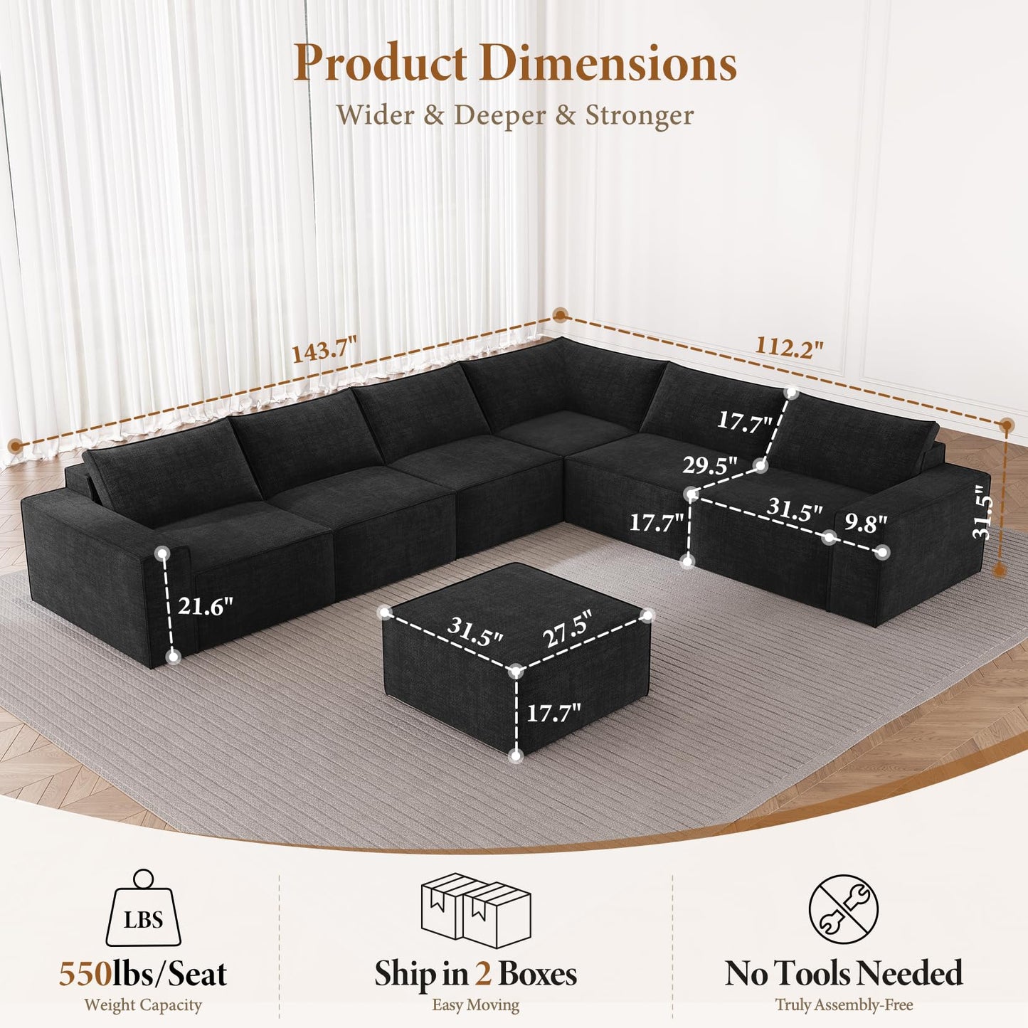 Vesgantti 143.7" Oversized Boneless Couch, Modern 7 Seater Modular Sectional Sofa with Deep Seat, Convertible Chenille Cloud Couches for Living Room, No Assembly Required, Black