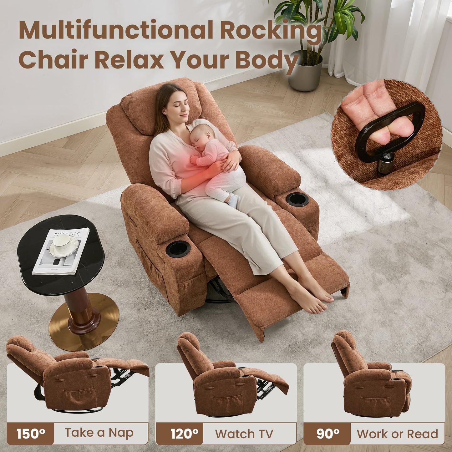 360 Swivel Rocker Recliner Chair for Adults with Massage and Heat, Manual Glider Rocking Chairs for Living Room, Nursery