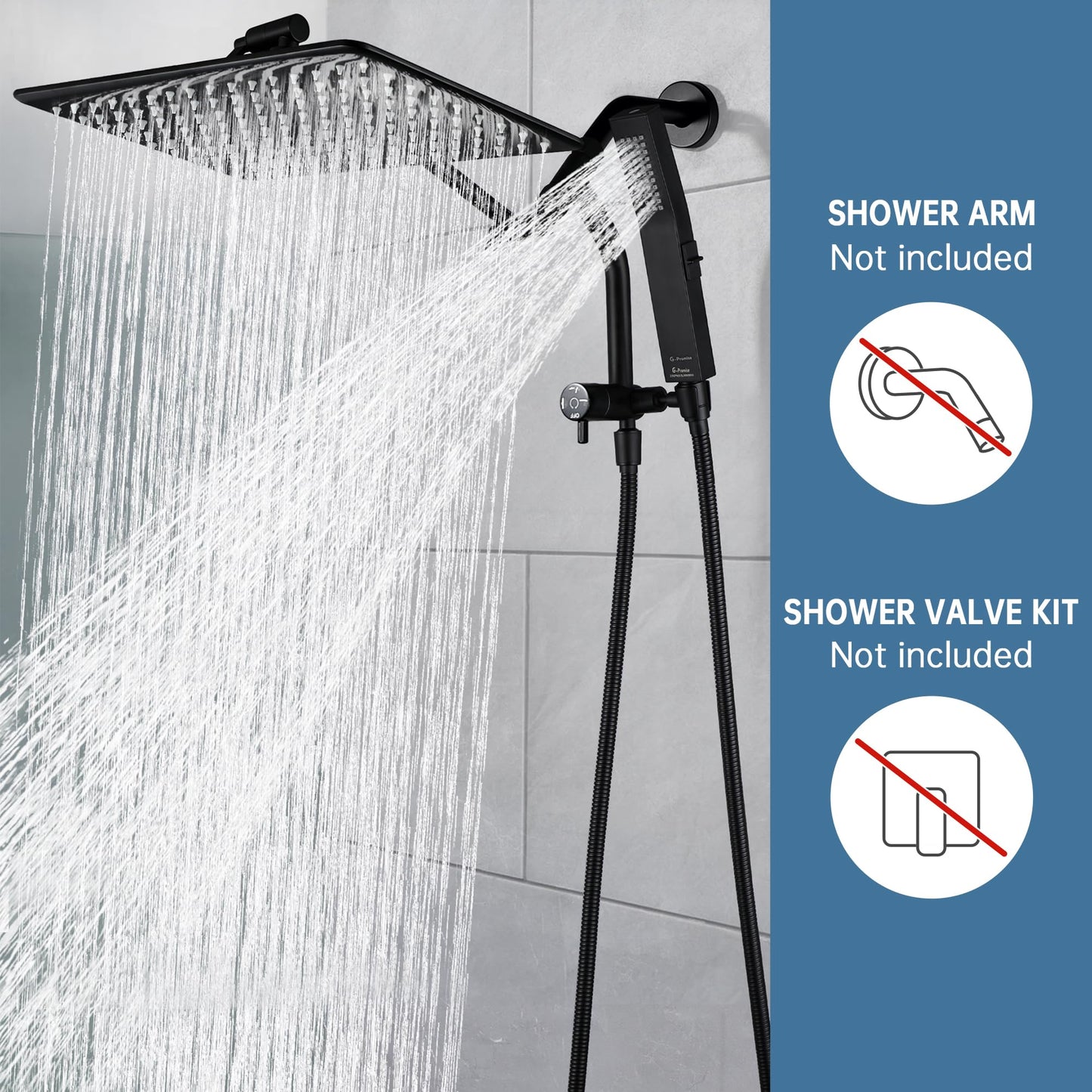 G-Promise All Metal 14 Inch Rain Shower Head with Power Wash Mode Handheld Spray Combo, Pause Setting 3-way Diverter, Full Body Coverage Waterfall Showerhead, Luxury Bathroom Upgrade (Matte Black)