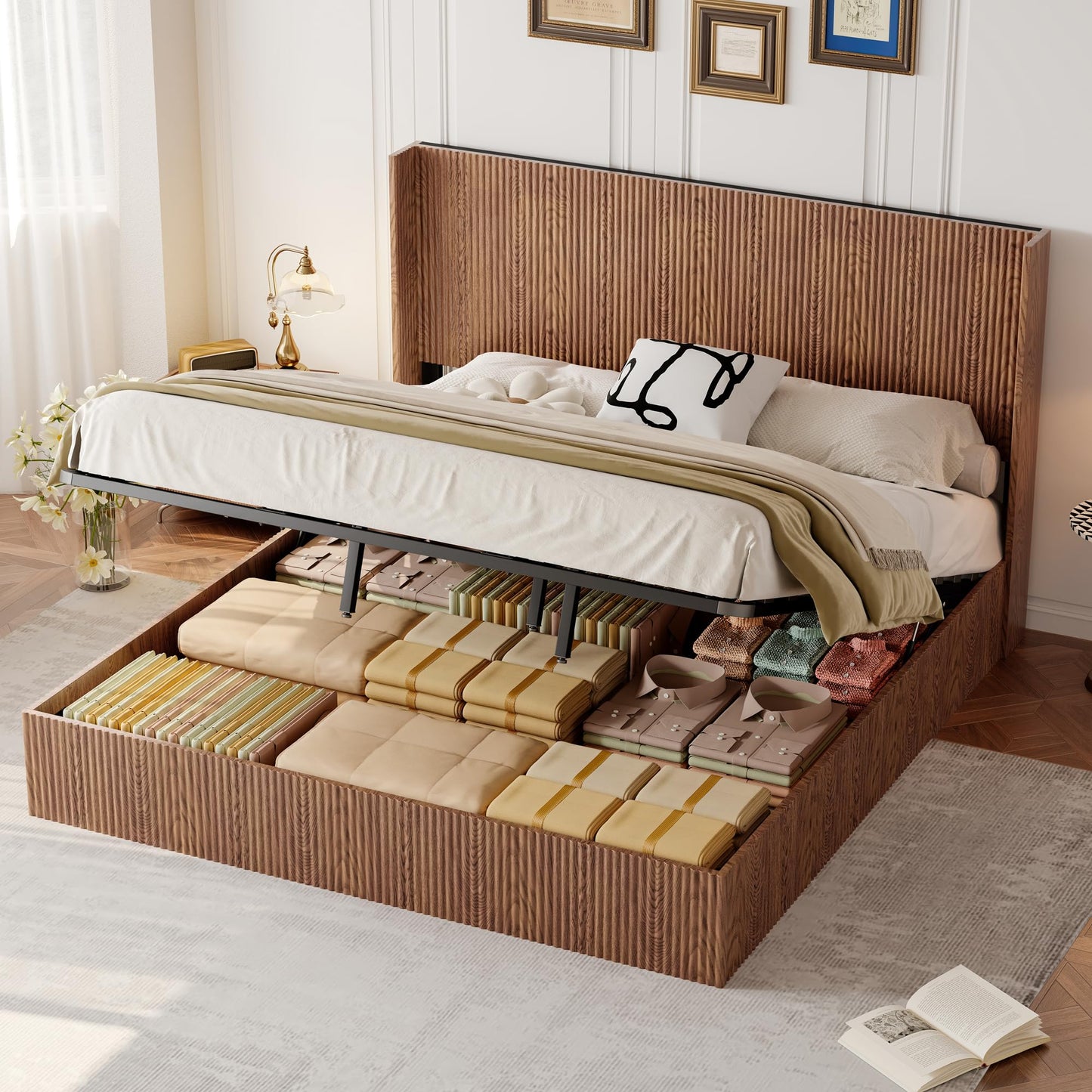 KEIKI King Size Lift Storage Bed Frame with Headboard, Hydraulic Gas Lift Platform Bed with Hidden Storage, Noise-Free Wood Bed Frame, Heavy Duty 1000 lbs, No Box Spring Needed, Walnut