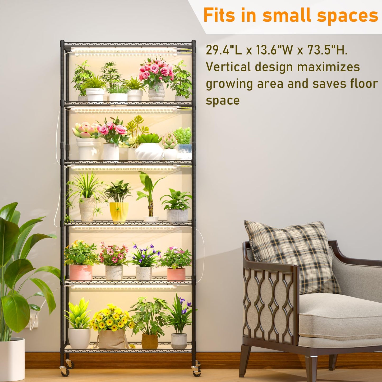 Plant Shelf with Grow Light, DIY 6-Tier Plant Stand with Grow Light, Adjustable Rack and Wheels, 8 Pack 24" 192W T8 Full Spectrum Grow Lamp for Indoor Plants, Seed Starting, Vegetable, 29"x13.5"x73.5"