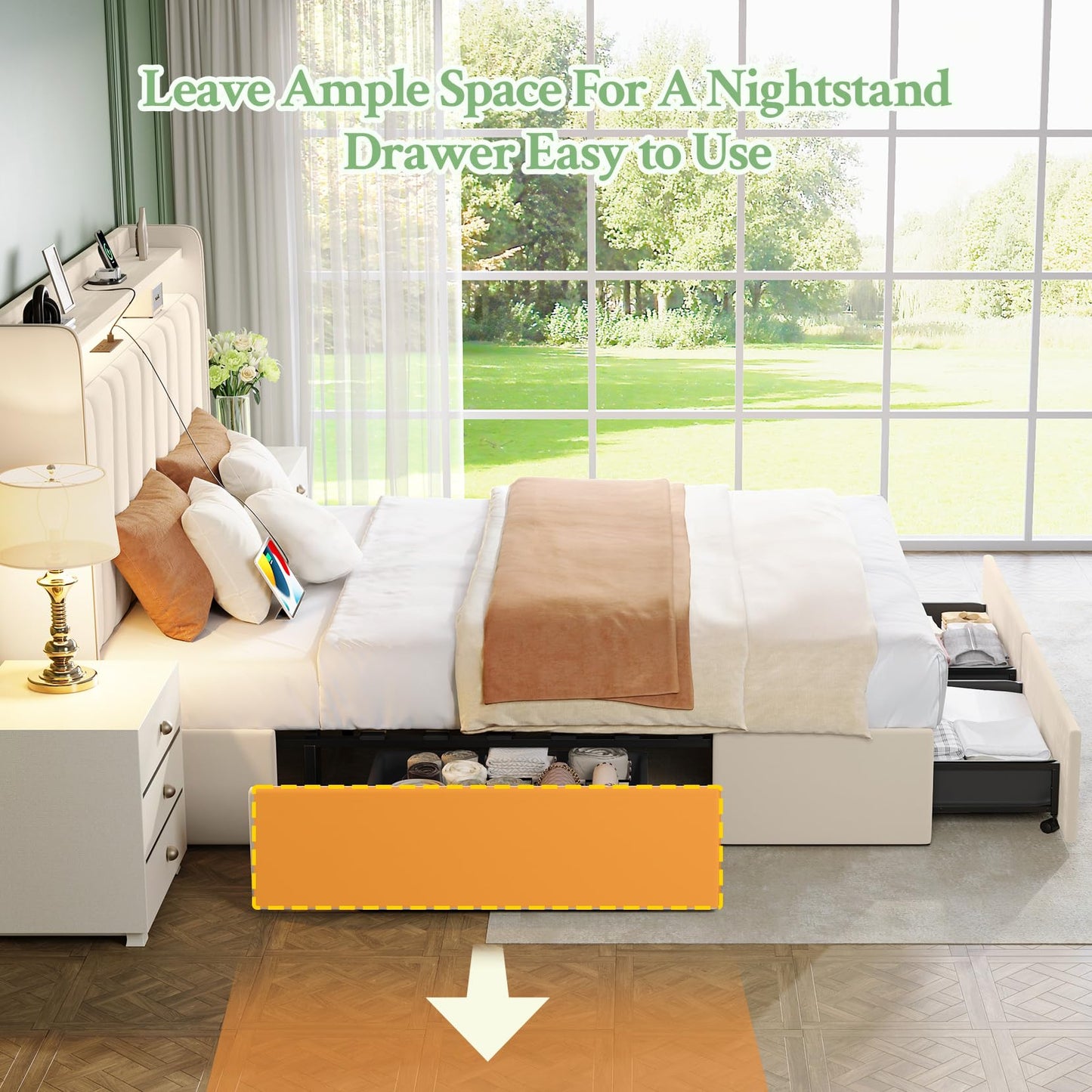 koorlian Queen Upholstered Bed Frame with 2-Tier Storage Headboard and 4 Dustproof Drawers, 51" Tall Platform Bed Frame with Adjustable Headboard, LED Lights, Charging Station, Easy Assembly, Beige