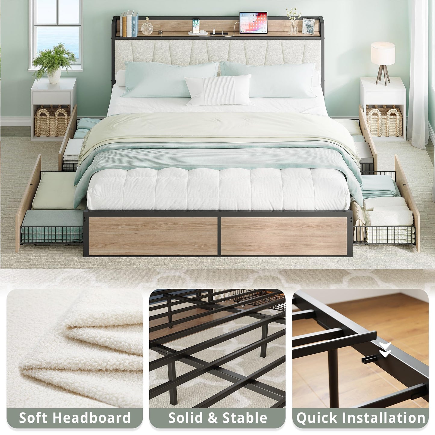 LIKIMIO California King Bed Frame with 4 Storage Drawers, Platform Bed with Charged Headboard, Sturdy and Stable, No Noise, No Box Spring Needed, Easy to Install, Wood and Cream