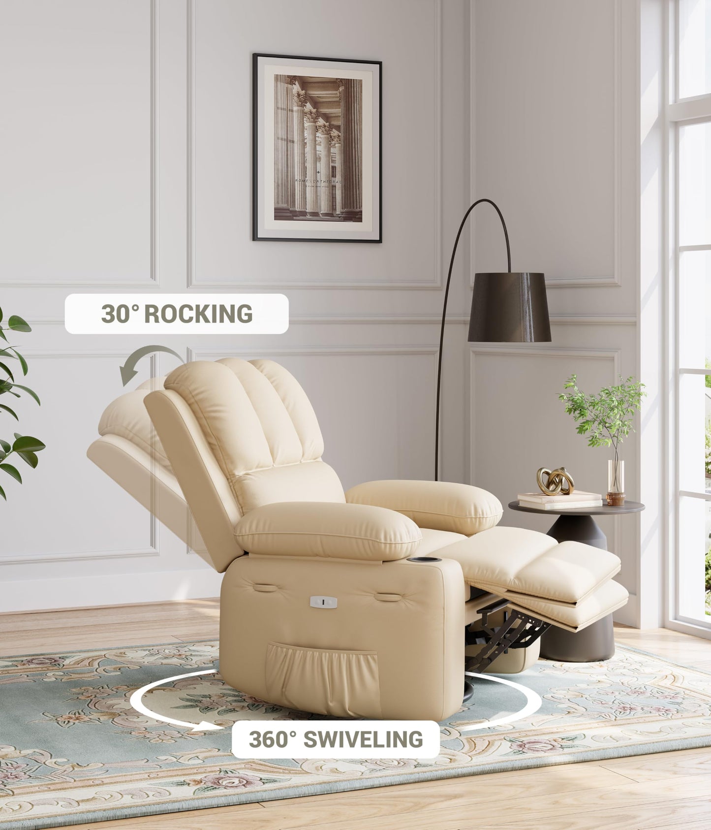 Patikuin Oversized Electric Recliner Chair for Living Room – PU Leather Swivel Rocker with Heat & Massage, 360° Rotating Base, Wide Seat, USB Port, Cup Holders, Side Pocket – Beige