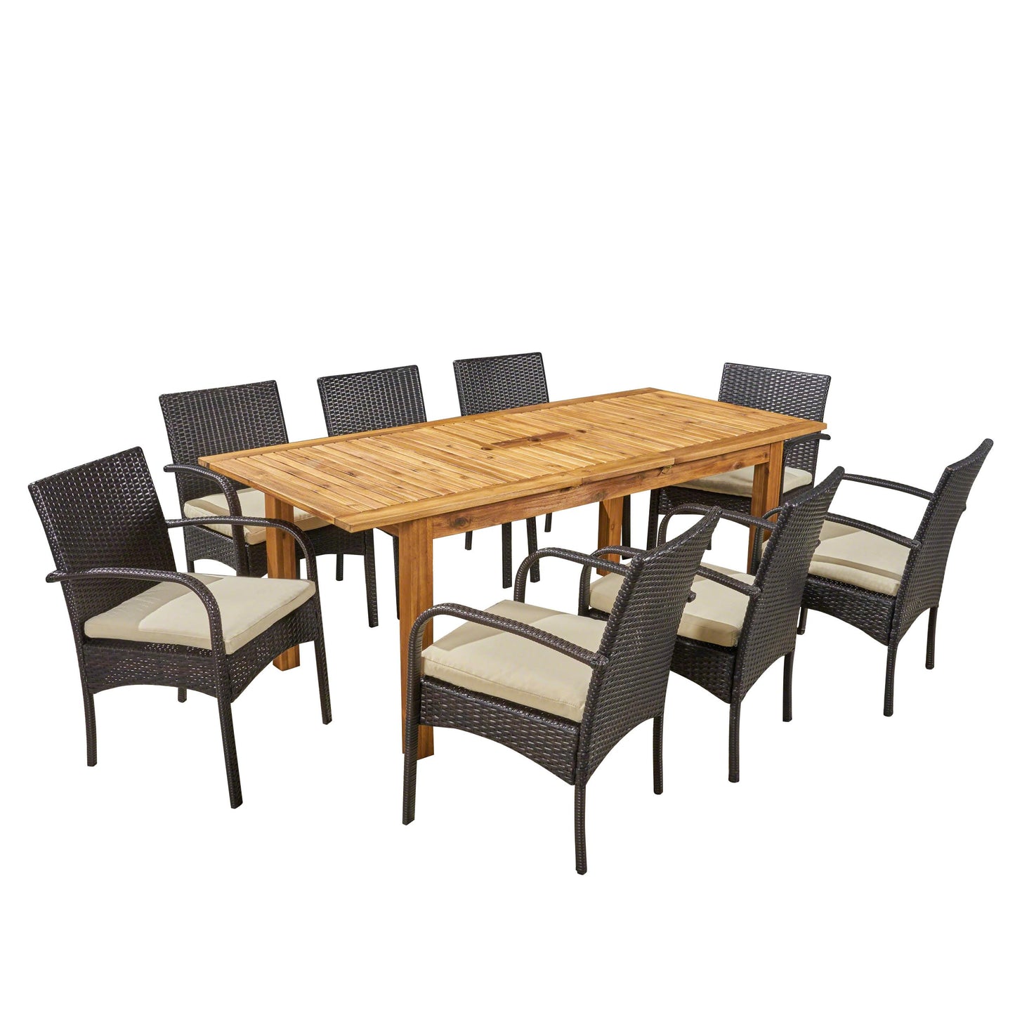 Christopher Knight Home Elmar Outdoor 9 Piece Acacia Wood and Wicker Expandable Dining Set, 22.1 "W x 23.5 "D x 32.75 "H, Sandblasted Natural Brown + Multibrown + Cream
