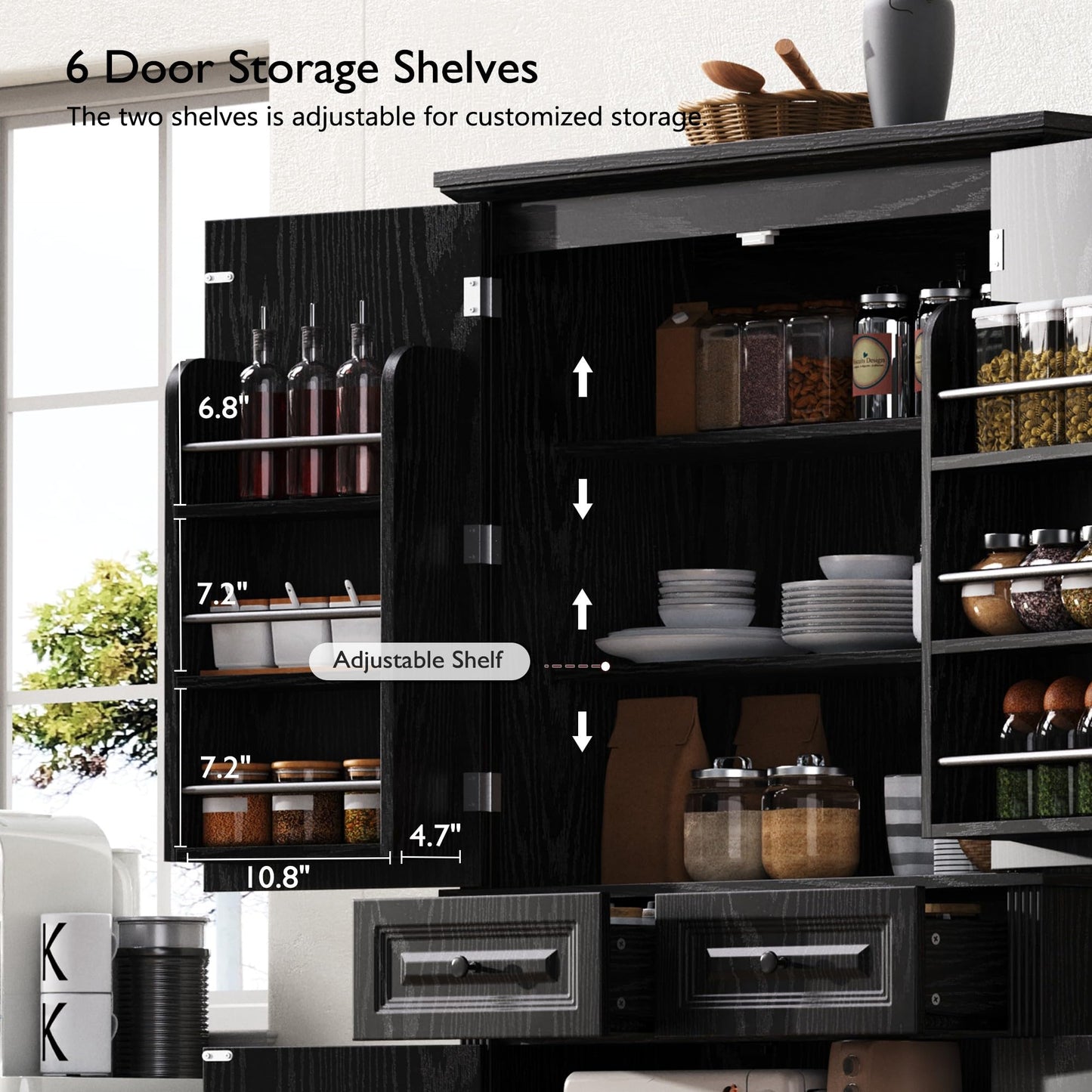Ball & Cast 71" Farmhouse Kitchen Pantry Cabinet with 3 Pull-Out Organizers, Tall Storage Cabinet with 4 Doors, 2 Drawers, 6 Door Shelves & Adjustable Shelves, Freestanding Cupboard, Black