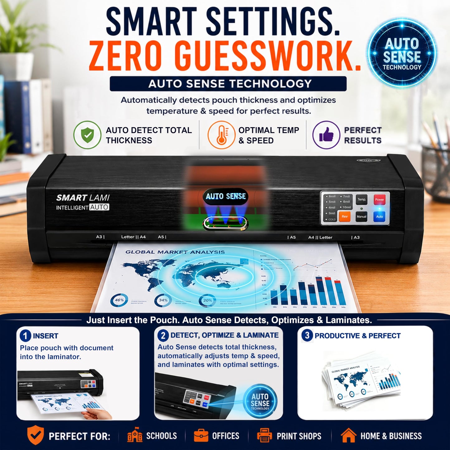 SINCHI Auto Sense 13" Heavy-Duty Laminator for Business & School, 3–10 Mil, 50s Warm-Up, 17s/Sheet, Works with Cardstock & Dark Prints, Never-Jam, Laminates 11x17, Includes 10 Sheets