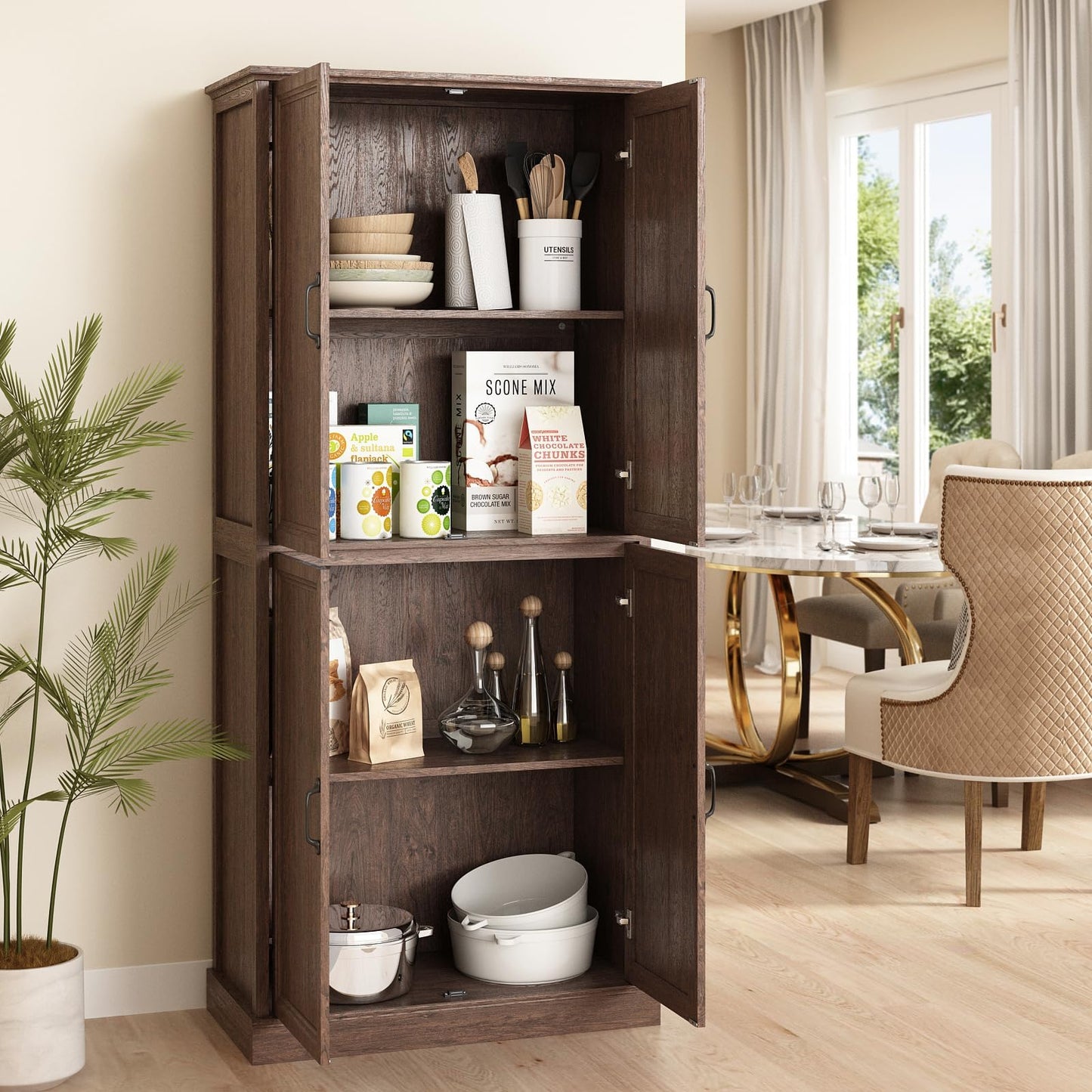 Tradare 71'' Tall Pantry Cabinet, Farmhouse Kitchen Pantry Storage Cabinet with Barn Door and Adjustable Shelves, Rustic Wood Freestanding Cupboard Storage Organizer for Kitchen, Dining Room, Brown