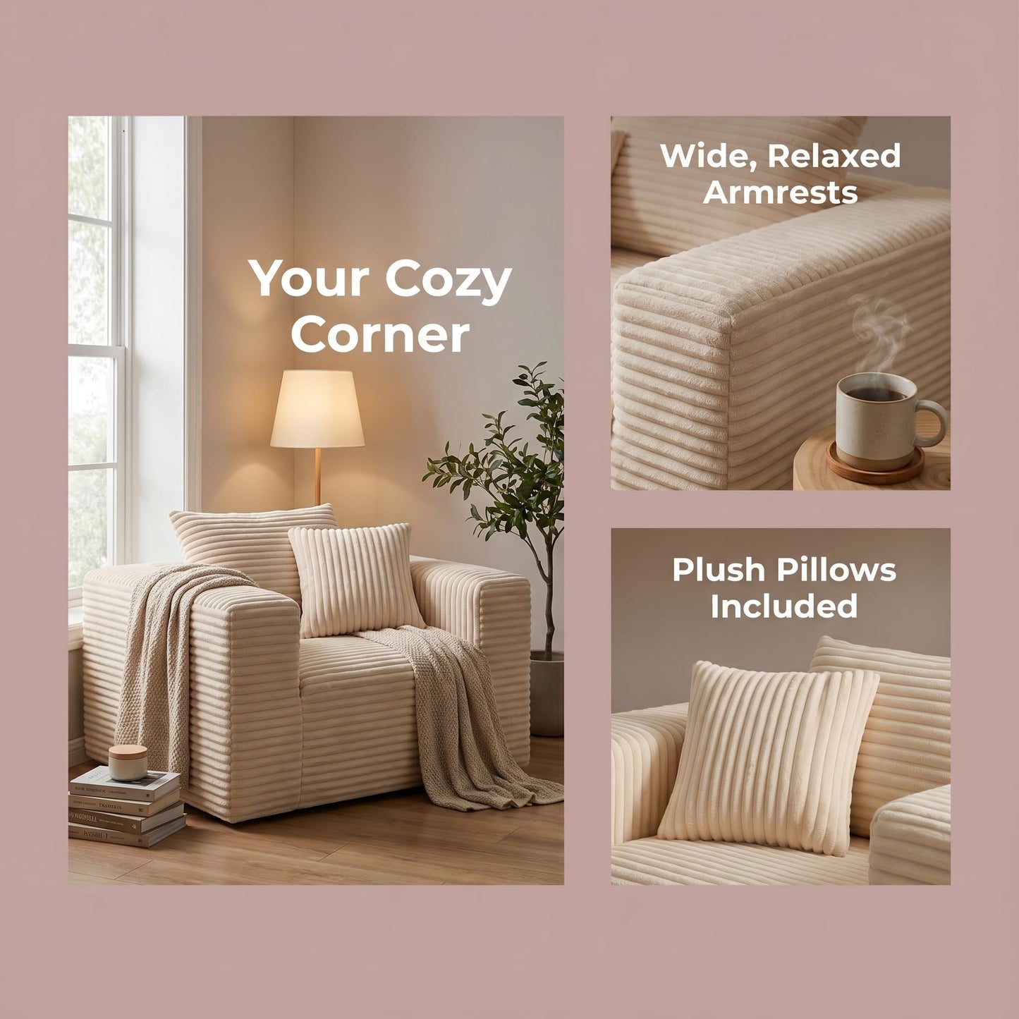 Trygoal Boneless Single Sofa Chair for Adult, Corduroy Cloud Lounge Chair with 2 Pillows & Wide Armrests, High-Density Foam Reading Couches for Living Room & Office, No Assembly Required, Beige