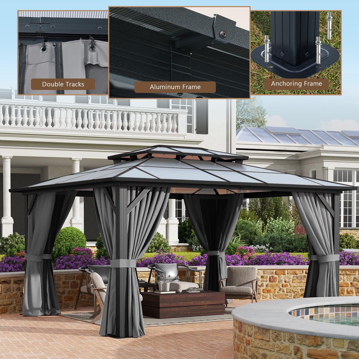 Breezestival 12’x14’ Hardtop Gazebo with Double Polycarbonate Roof Outdoor Metal Gazebo Sturdy Aluminum Frame & Removable Curtains, Netting Permanent Pavilion Pergola for Garden,Patio,Lawn (Gray)
