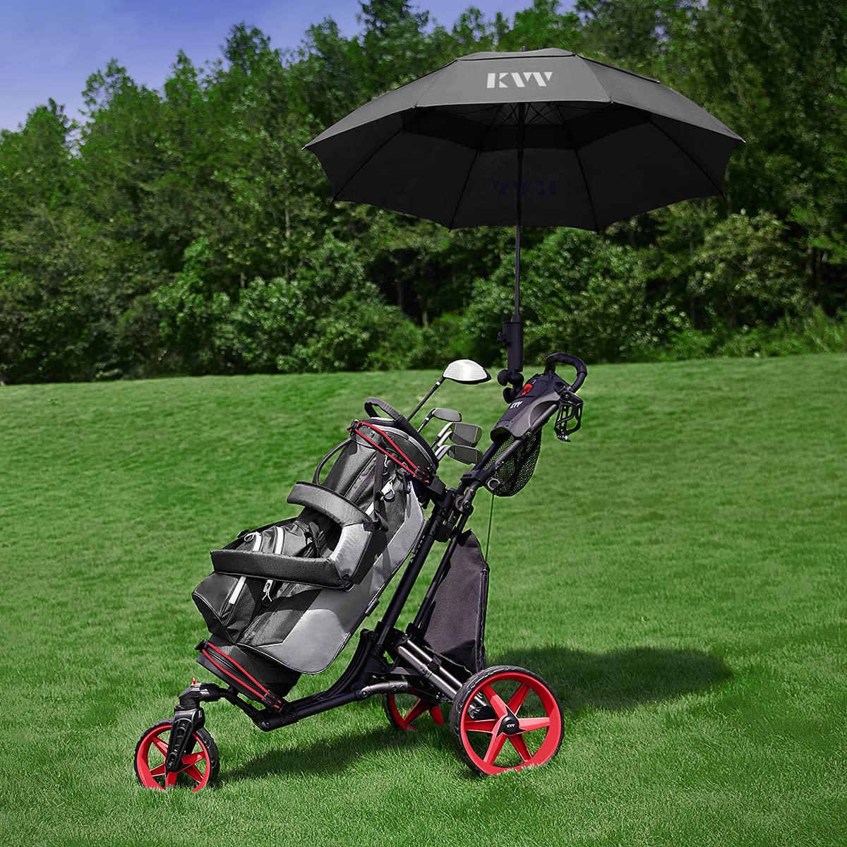 KVV 3 Wheel 360 Rotating Front Wheel Foldable/Collapsible Golf Push Cart with Foot Brake Open and Close in ONE Second-Free Umbrella Holder Included(Black/Red)