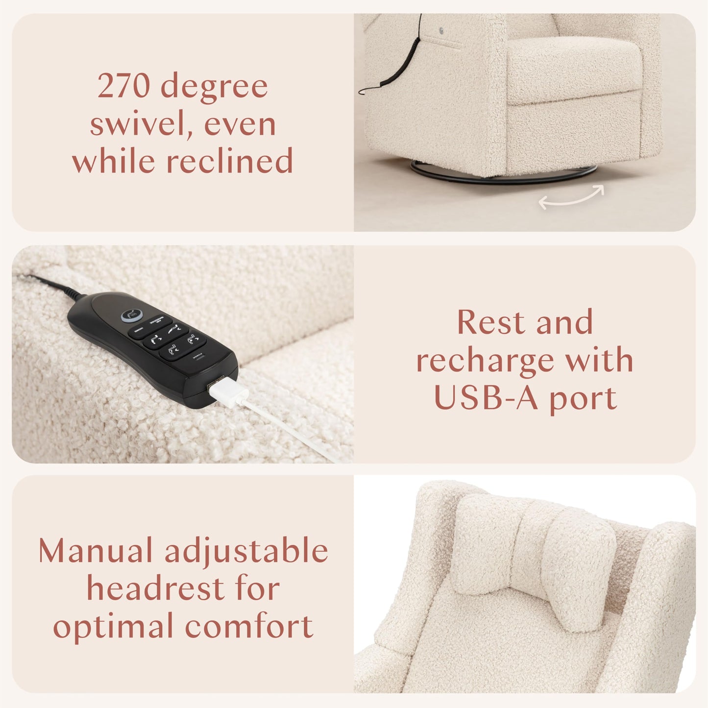 Babyletto Kiwi Deluxe Power Recliner and Swivel Glider with Heat and Massage in Almond Teddy Loop, Built-in USB Charging Port, Adjustable Headrest, Greenguard Gold, FSC and CertiPUR-US Certified