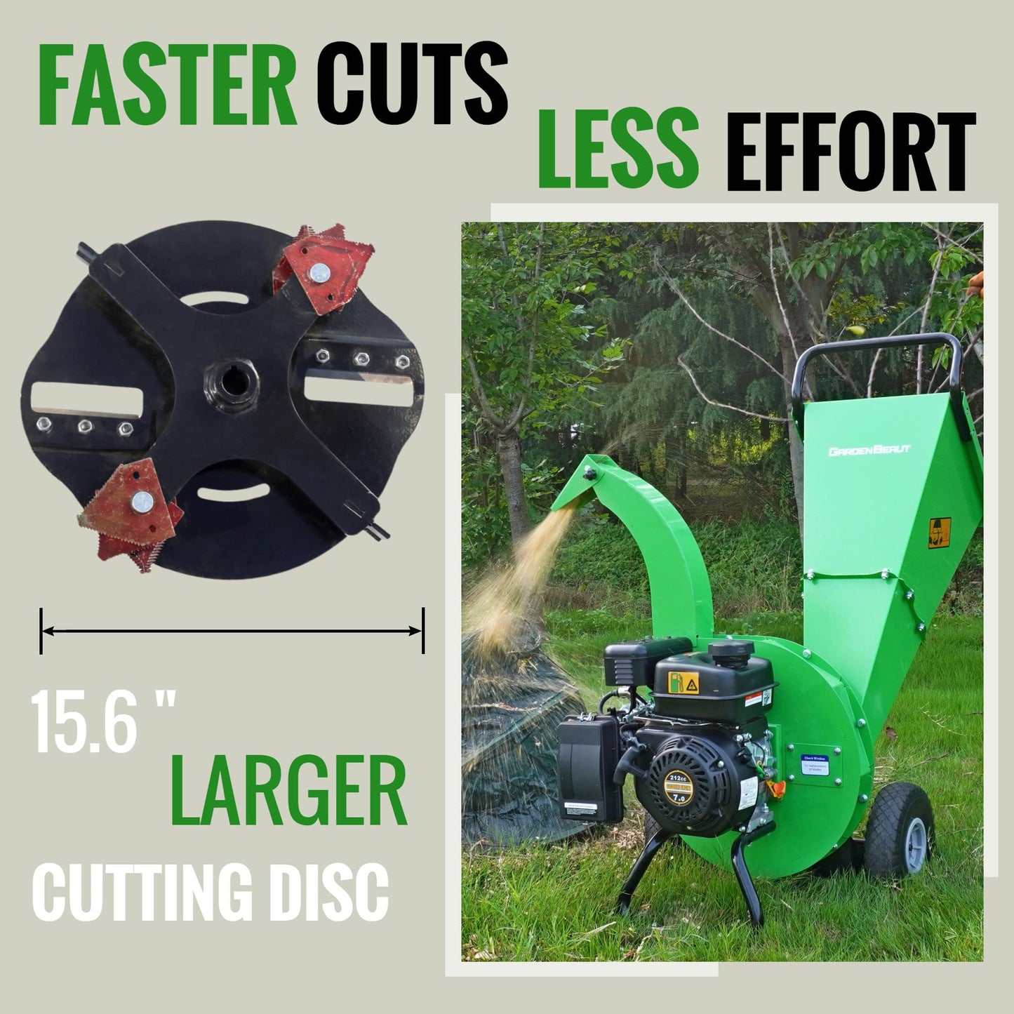GARDENBEAUT S1 Wood Chipper, 20: 1 High Reduction Ratio, 7 HP 212cc Heavy Duty Engine Gas Powered, 3" Max Wood Diameter Capacity, Robust Shredder Mulcher with Large Cutting Rotor