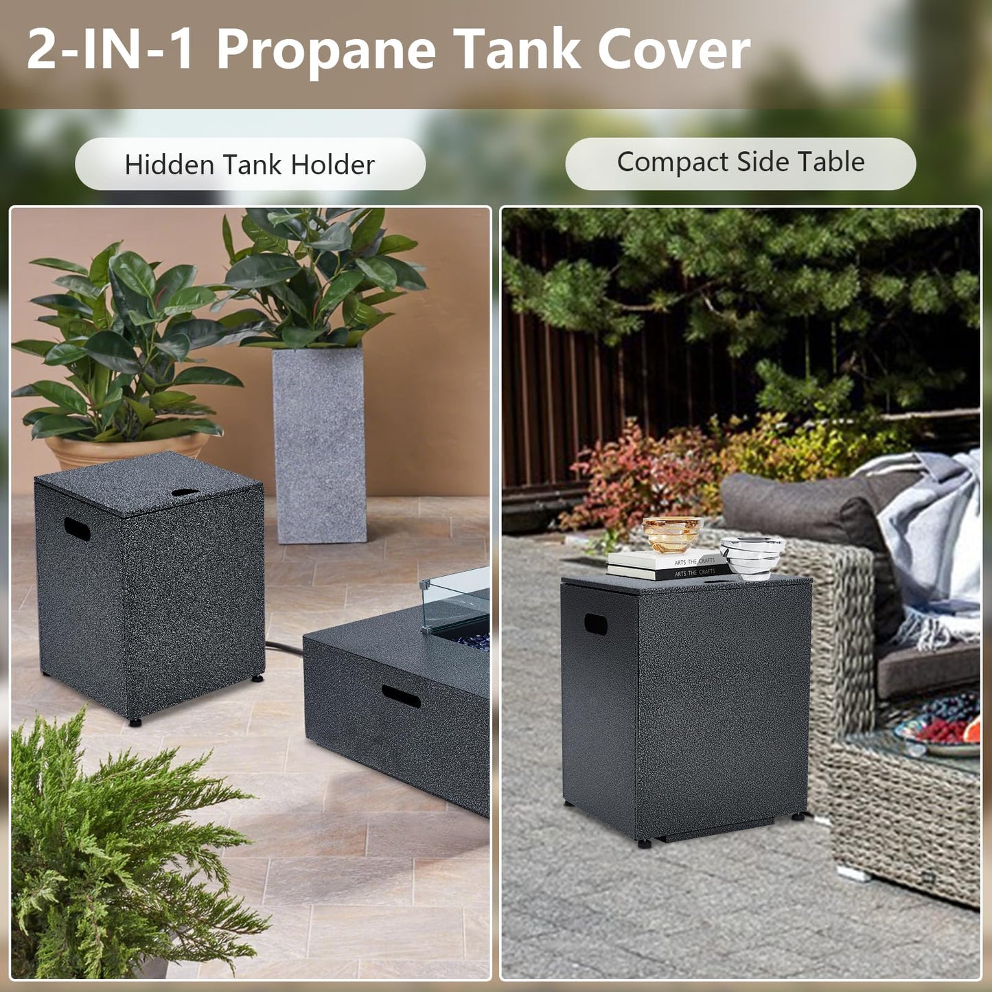 2-Piece Outdoor Propane Firepit Table Set w Tank Table, 36 inch Square Fire Table 50,000 BTU w 16 inches Tank Side Table, Wind Guard, Lava Rocks & Rain Cover for Garden, Pool, Porch, Backyard