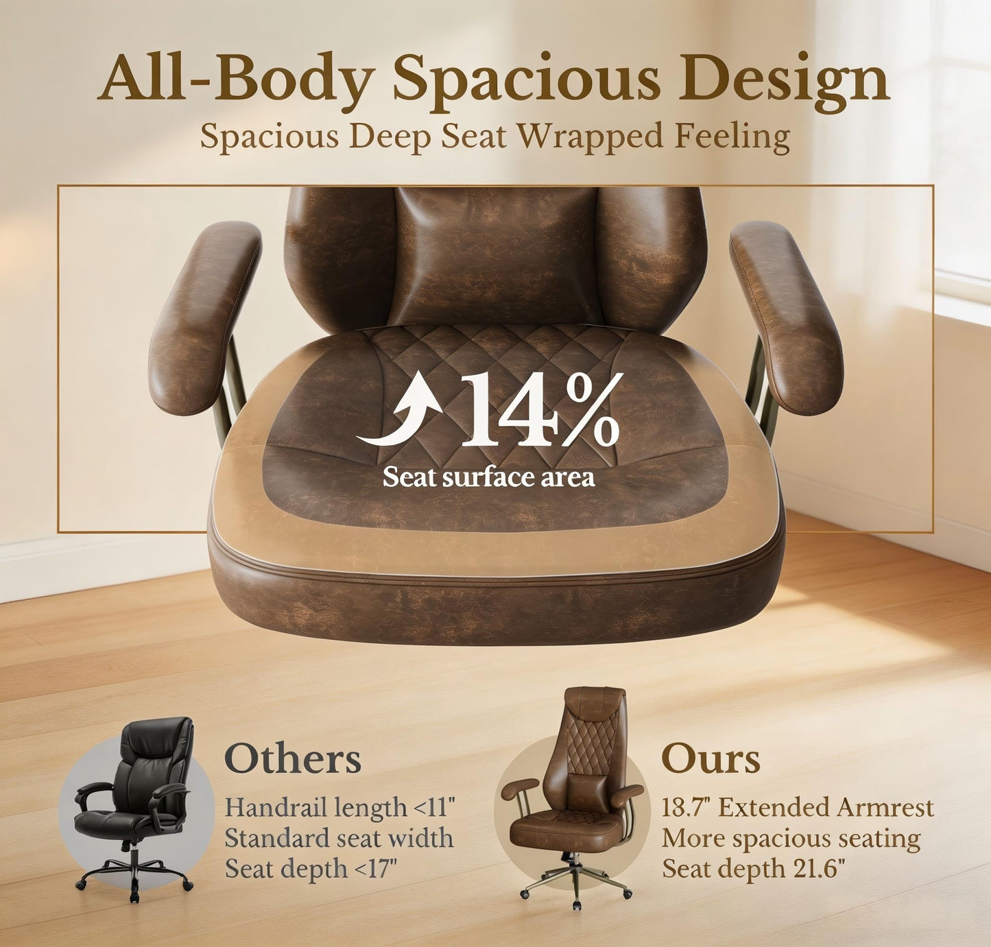 Executive Office Chair, High Back Ergonomic PU Leather Desk Chair with Integrated Headrest & Lumbar Support, Adjustable Reclining Swivel Computer Chair for Home Office, Brown