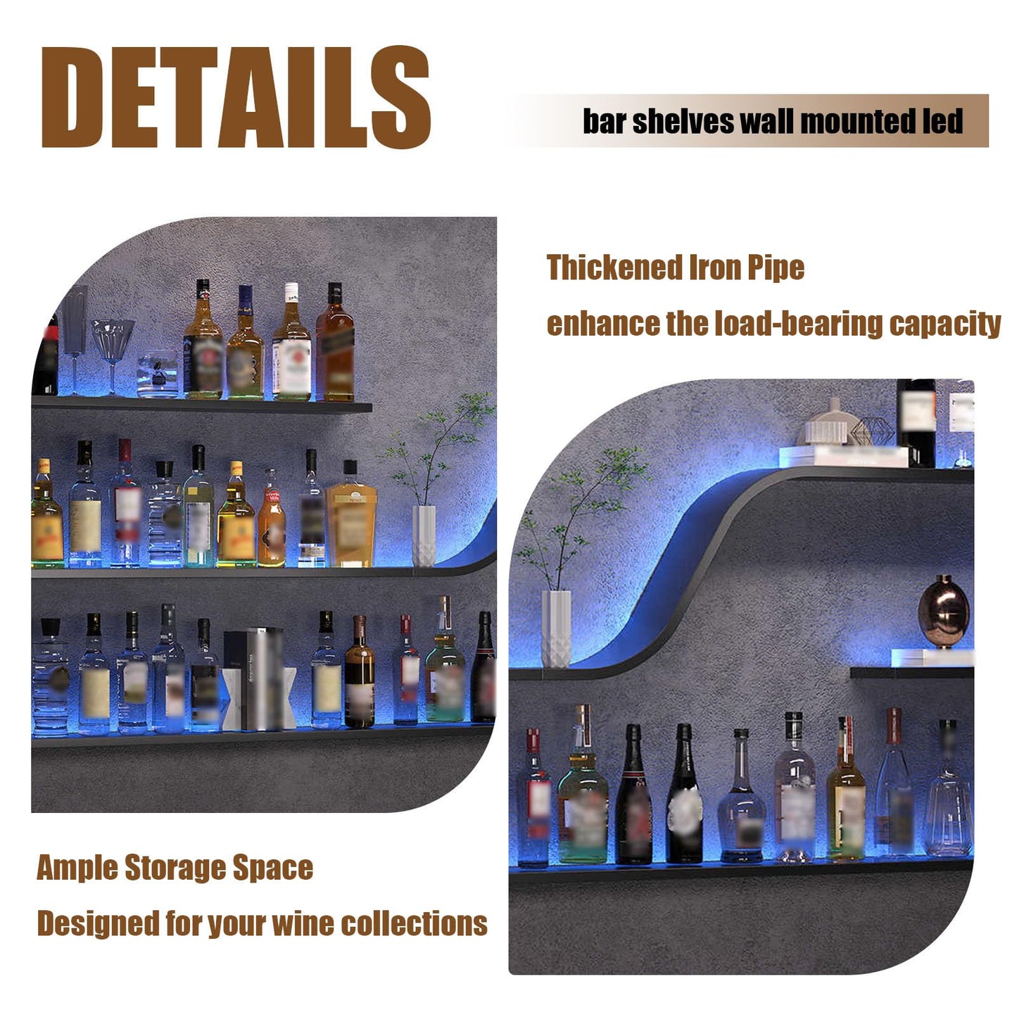 YTALUTTNIE 47in Wall Mounted Wine Rack with LED Lights, Modern Curved Design Floating Bar Shelves, Large Hanging Liquor Display Storage Organizer for Home Bar Coffee Shop Kitchen (Black, 120cm)