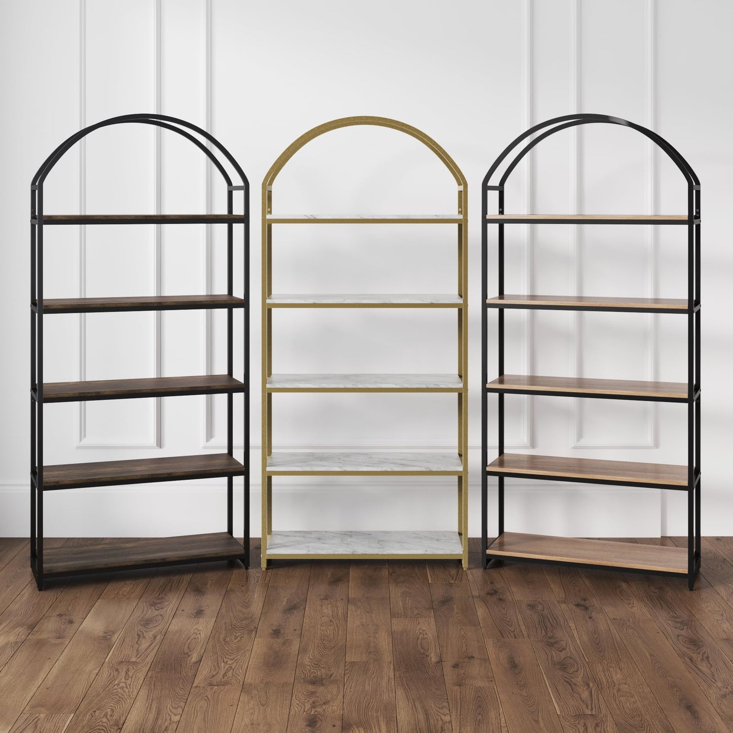 Nathan James Haven Etagere Bookshelf, 5-Shelf Bookcase in Oak Wood and Black Metal Frame with Arch Top and Open Shelves, Oak/Black