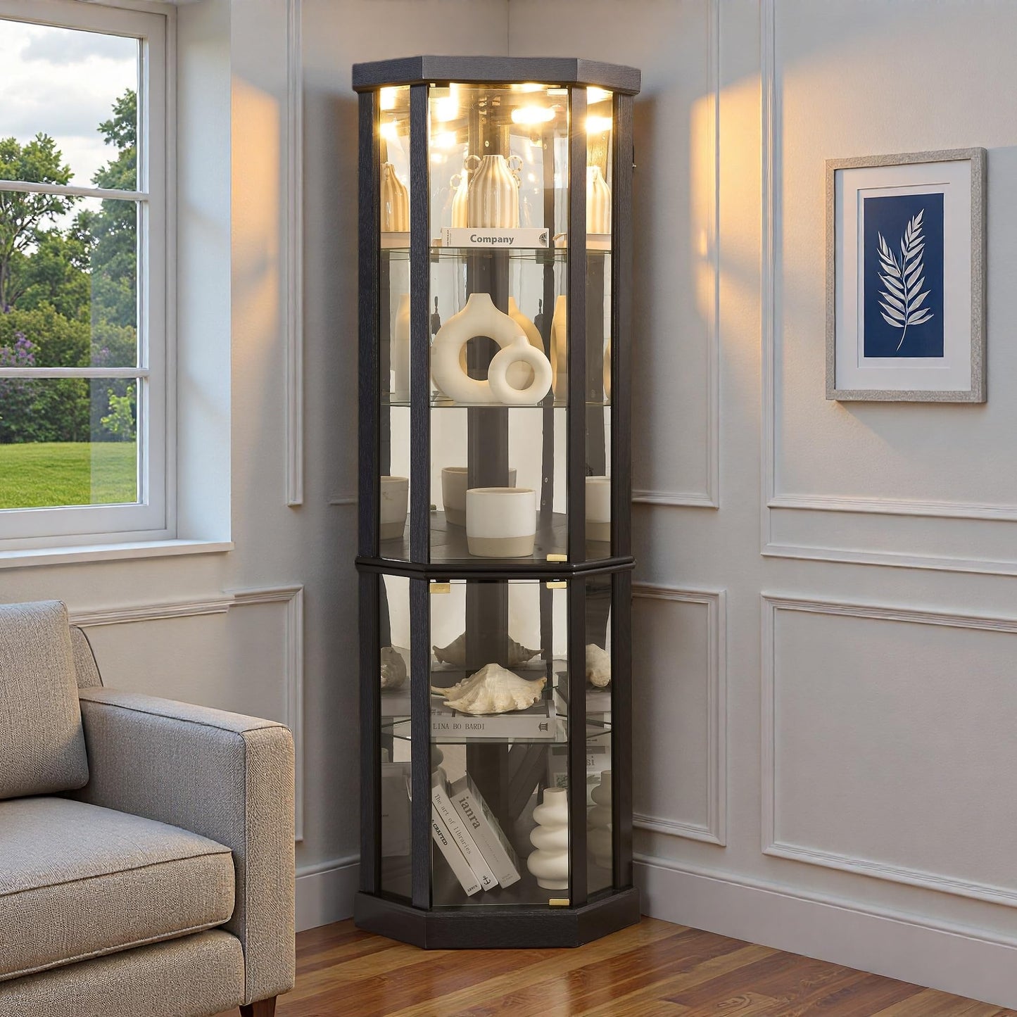 Trygoal 70" H Lighted Glass Display Cabinet, 3-Side Corner Curio Cabinet with Tempered Glass Doors, Elegant China Cabinet Dis, Black