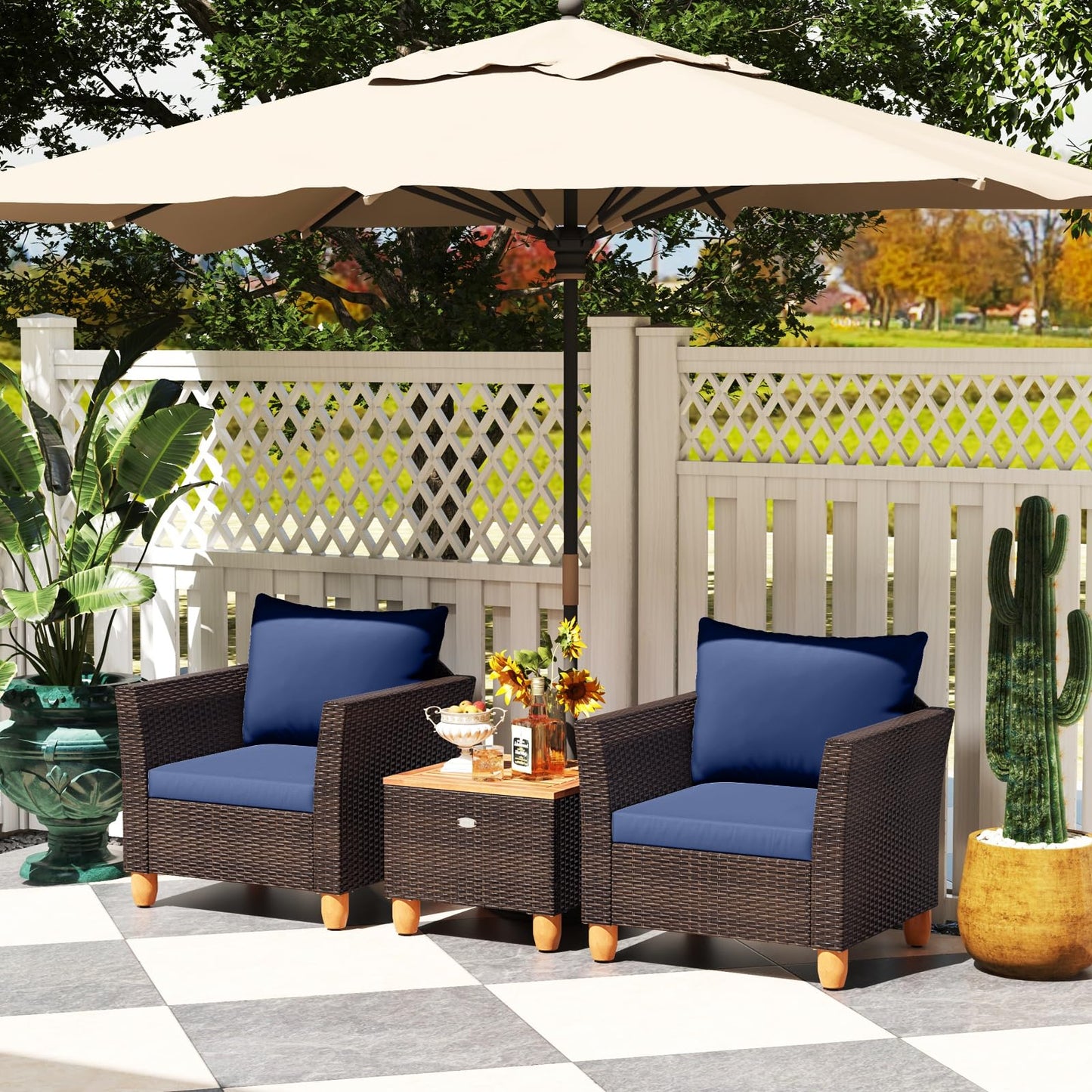 Tangkula 3-Piece Patio Furniture Set, Patiojoy Outdoor PE Wicker Bistro Set with Soft Cushions and Solid Acacia Wood, Outdoor Conversation Set with Porch, Balcony and Garden (Navy)