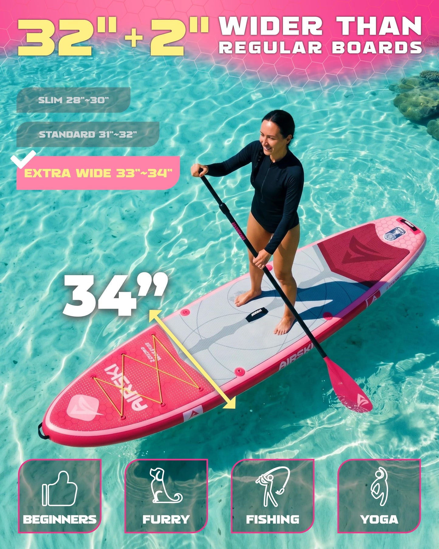 Airski 11'x34'' Extra Wide Inflatable Paddle Board, Stand-up Paddleboard for Adults, 420lb Capacity, Anti-Slip EVA, Stand-up Paddle Board for Yoga/Fishing/Family, US Fin, High-Pressure Pump, 100L Bag