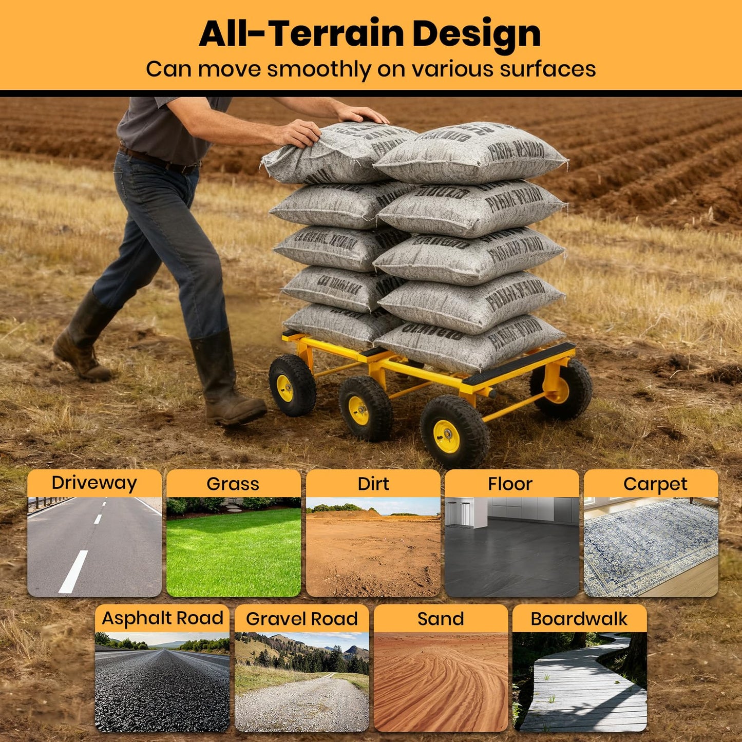6 Wheel All Terrain Dolly, Heavy Duty Furniture Dolly 1300 Lbs Capacity, 10" Inflatable Tires Big Wheel Dolly, All Terrain Mover for Homes, Logistics, Warehouses, Shopping - 35.5" x 18" - Yellow