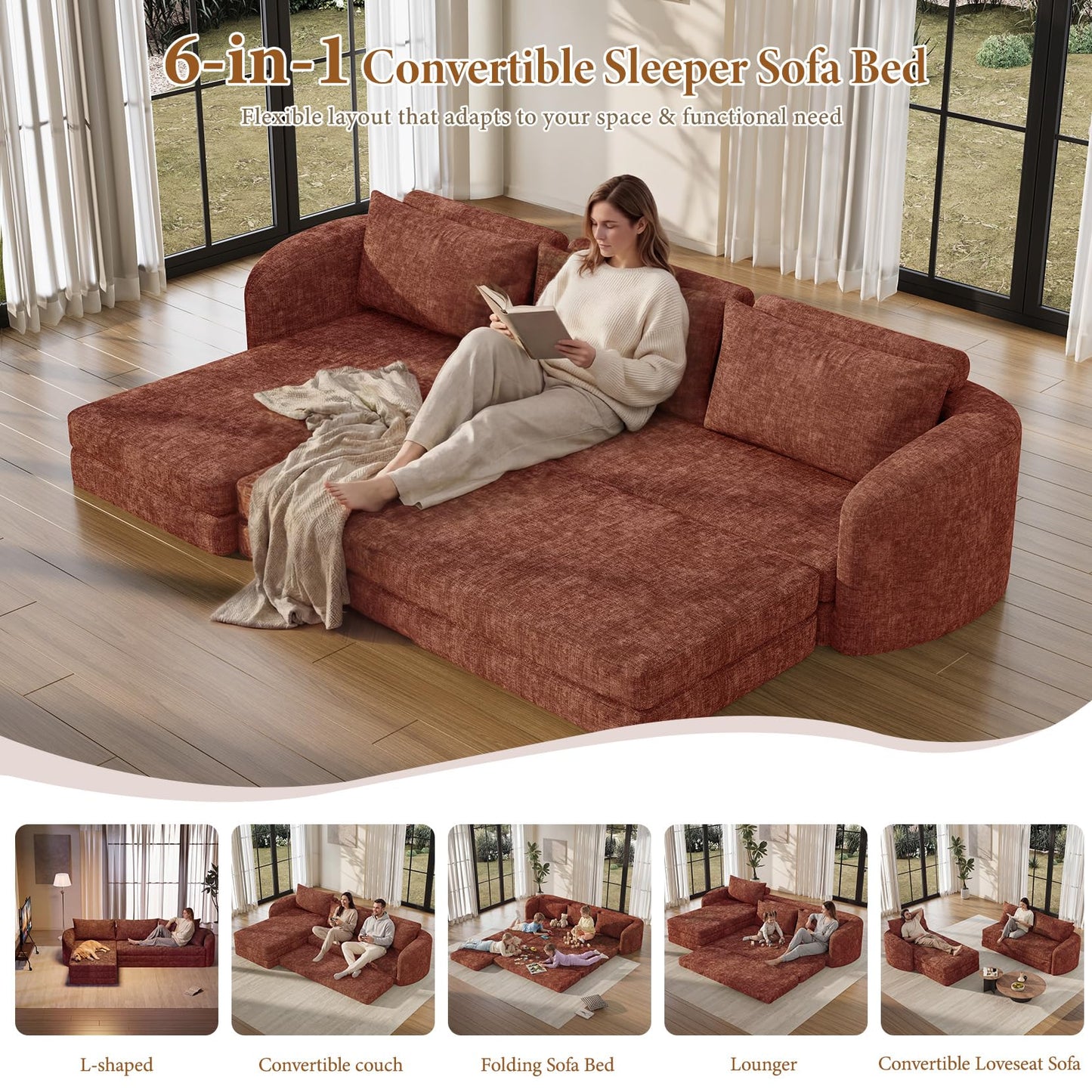 Vesgantti 110.2" Modular Sectional Sofa with Curved Armrest, 6 in 1 Convertible Folding Sleeper Sofa Bed, Chenille Boneless Couch for Living Room, No Assembly Required, Orange, Left Facing Chaise
