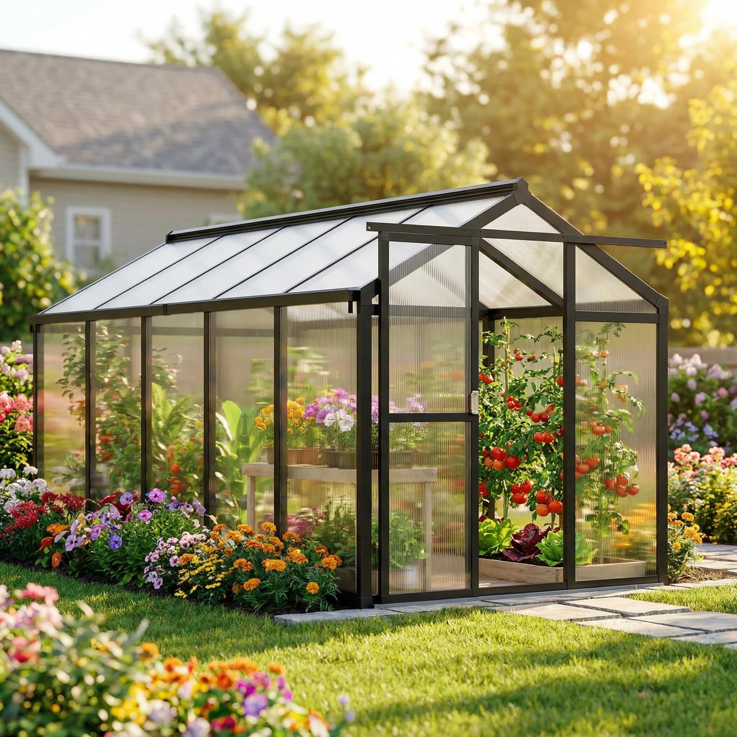 GarveeHome 6X10 FT Greenhouse for Outdoors, Walk-in Greenhouse Kit with Aluminum Frame, Polycarbonate Panels, Adjustable Roof Vent, Sliding Door, Secure Lock for Outside Garden, Patio, Backyard