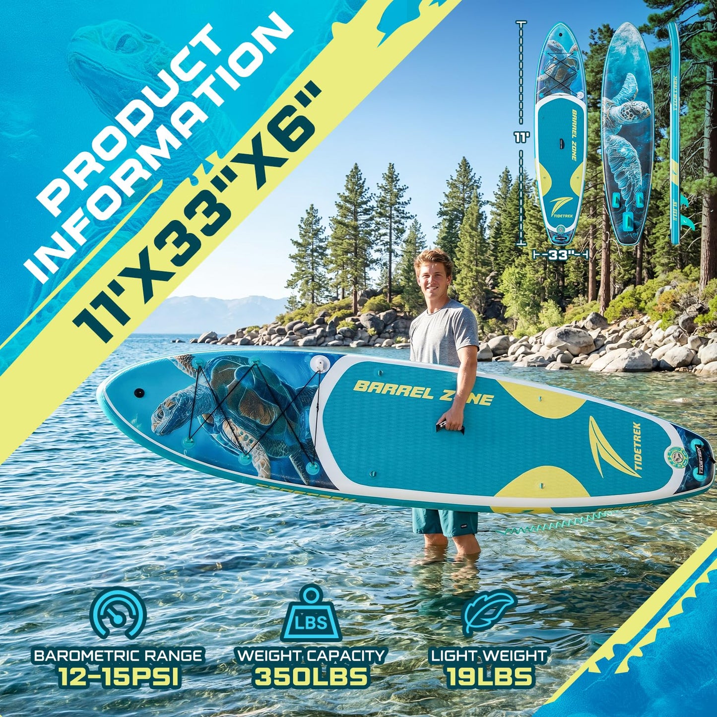 TIDETREK 11'/11'6" x 33"/34" x 6" Inflatable SUP Paddle Board – Extra-Wide, Stable Stand Up Paddle Board with Premium Full Accessory Set for Adults & Youth (Blue Turtle/Kayak Seat, 11'x33 x6)