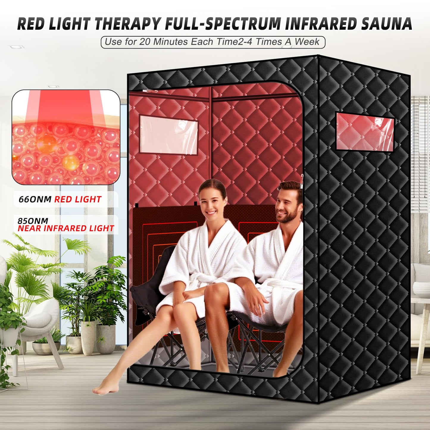 TaTalife 2 Person Portable Infrared Sauna Box, Upgraded Full Size Indoor Home SPA Room, 660nm Red Light Therapy Lamp, Foldable Sauna Chair Set with Remote Control for Home Relaxation & Body Care