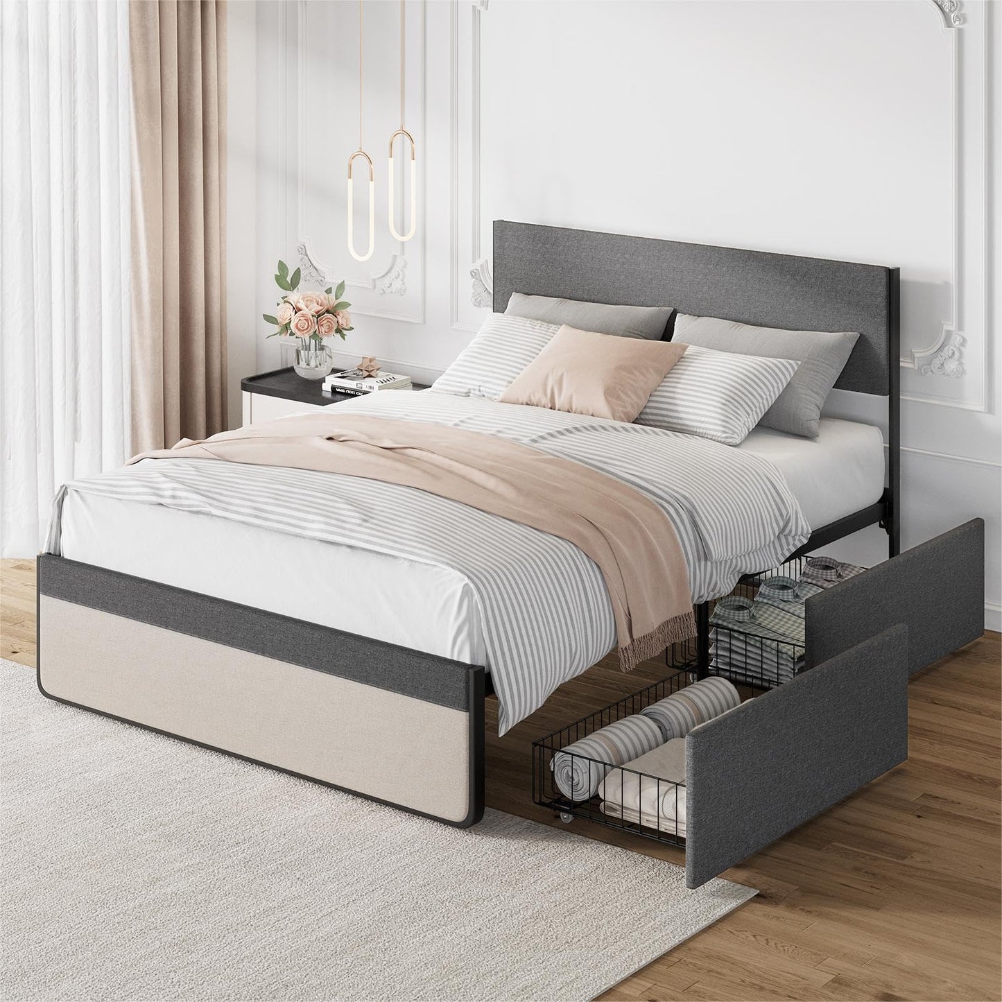 IDEALHOUSE Queen Size Bed Frame with 2 Storage Drawers, Upholstered Platform Queen Bed Frame with Headboard and Footboard, Queen Bed Mattress Foundation with Steel Slats Support, No Box Spring Needed