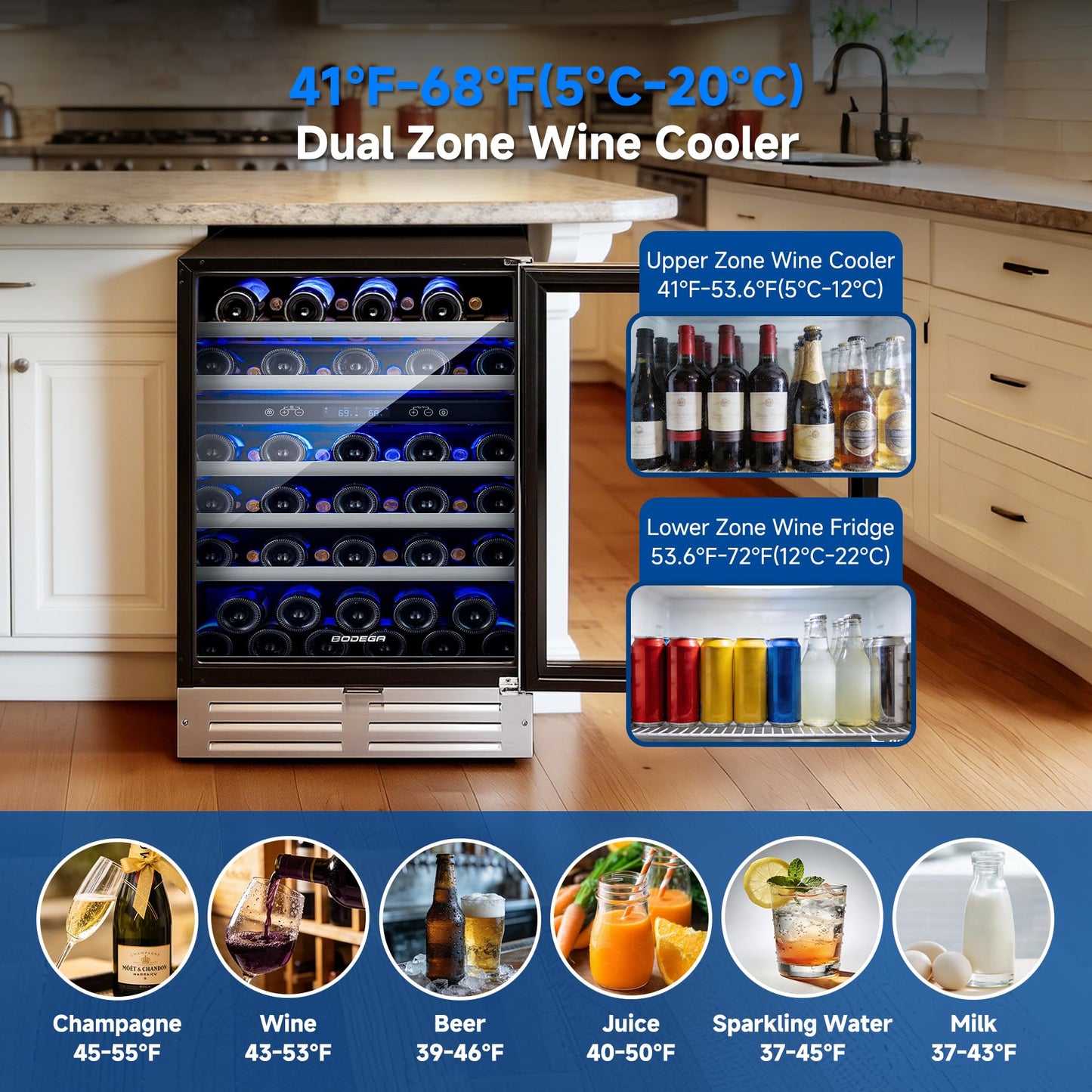 BODEGA COOLER Wine Fridge Cooler - 24 Inch Dual Zone Wine Fridge Holds 56 Bottles, 41-68°F Wine Refrigerator, Built in Fridge, Freestanding Adjustable Shelves Fridge for Beer Soda Drink Bar, 5.8 Cu.Ft