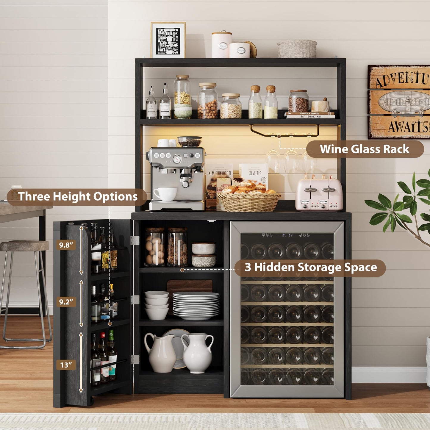 Jocoevol Coffee Bar Cabinet with Fridge Space, Mini Fridge Cabinet with Power Outlets and Glass Holder, Farmhouse Design Mini Fridge Stand with Storage for Living Room, Kitchen, Entryway, Black
