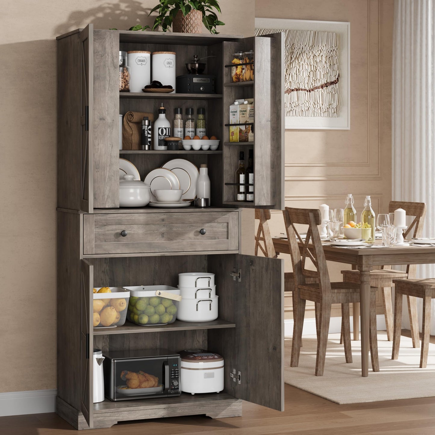 Garvee 71" Kitchen Pantry Cabinet, Barn Door Freestanding Cupboard with Drawer, Sliding Storage Rack, and 6 Hanging Shelves for Kitchen, Dining Room, Living Room Bedroom