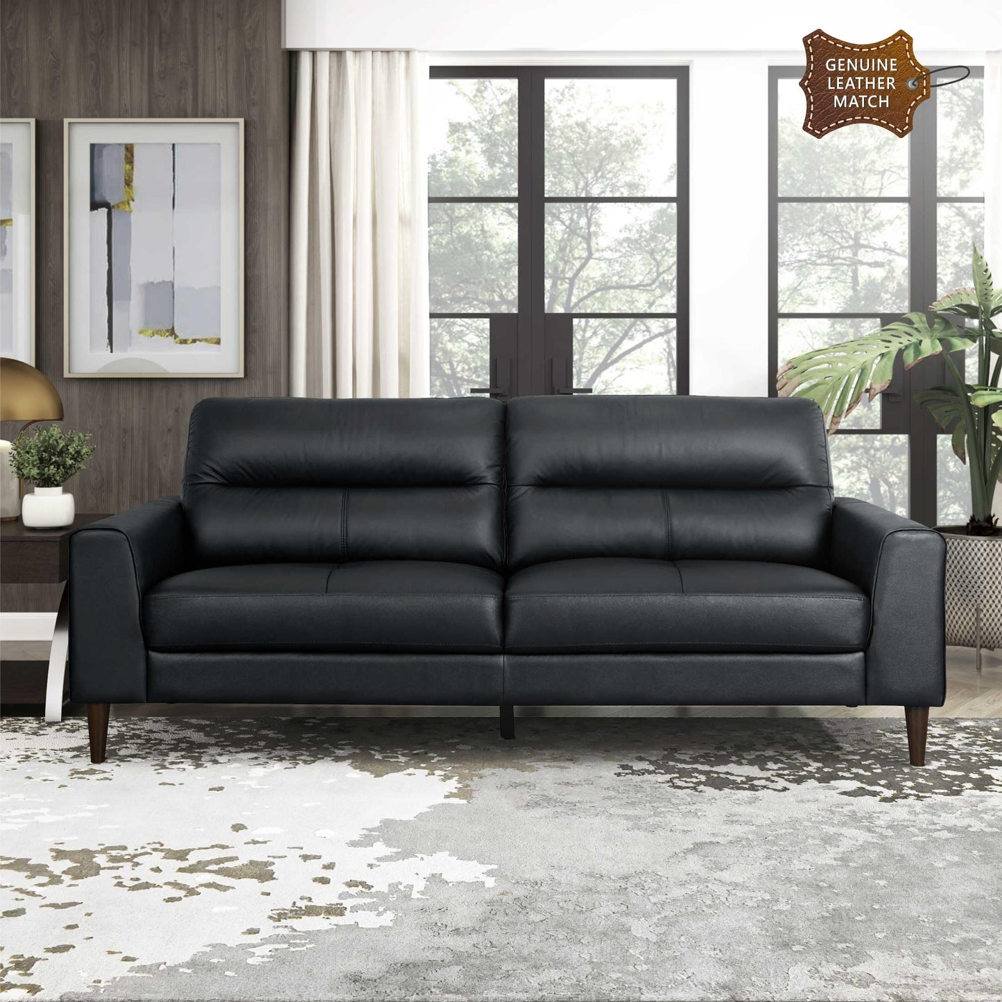 Lexicon Leather Match Couch Sofa, Modern Oversized Sofa, Solid Wood Legs, Top Grain Leather 3 Seater Couch for Living Room, Bedroom, Office, Apartment, Waiting Room, Black