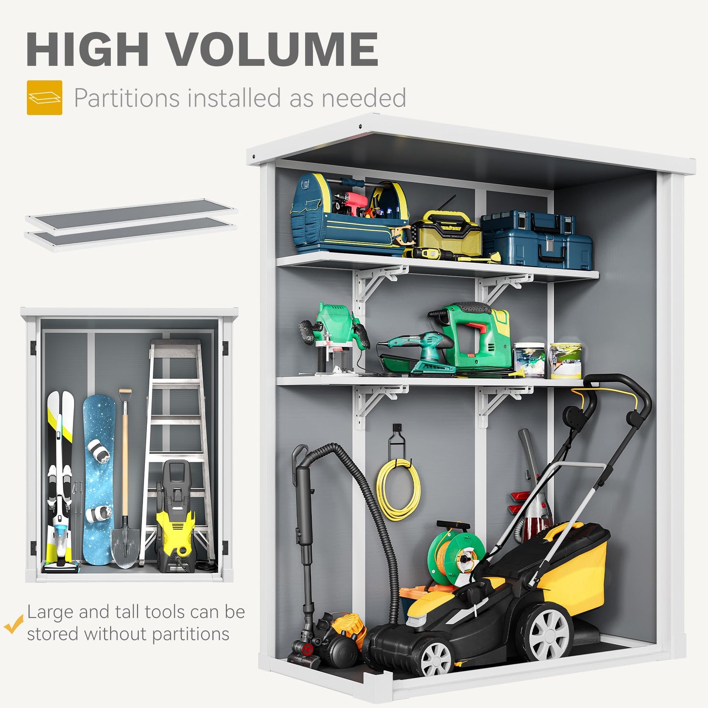 DWVO Outdoor Tall Storage Shed 50 Cuft with 2 Shelves, 4.3x2x5.5ft Vertical Tool Shed with Floor & Lockable Doors, Sturdy Double-Wall Plastic Cabinet for Garbage Cans and Garden Equipment